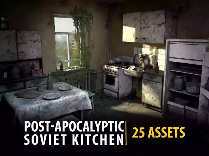 Abandoned Kitchen Furniture Pack - 25 Ruined Game-Ready Props Low-poly 3D model