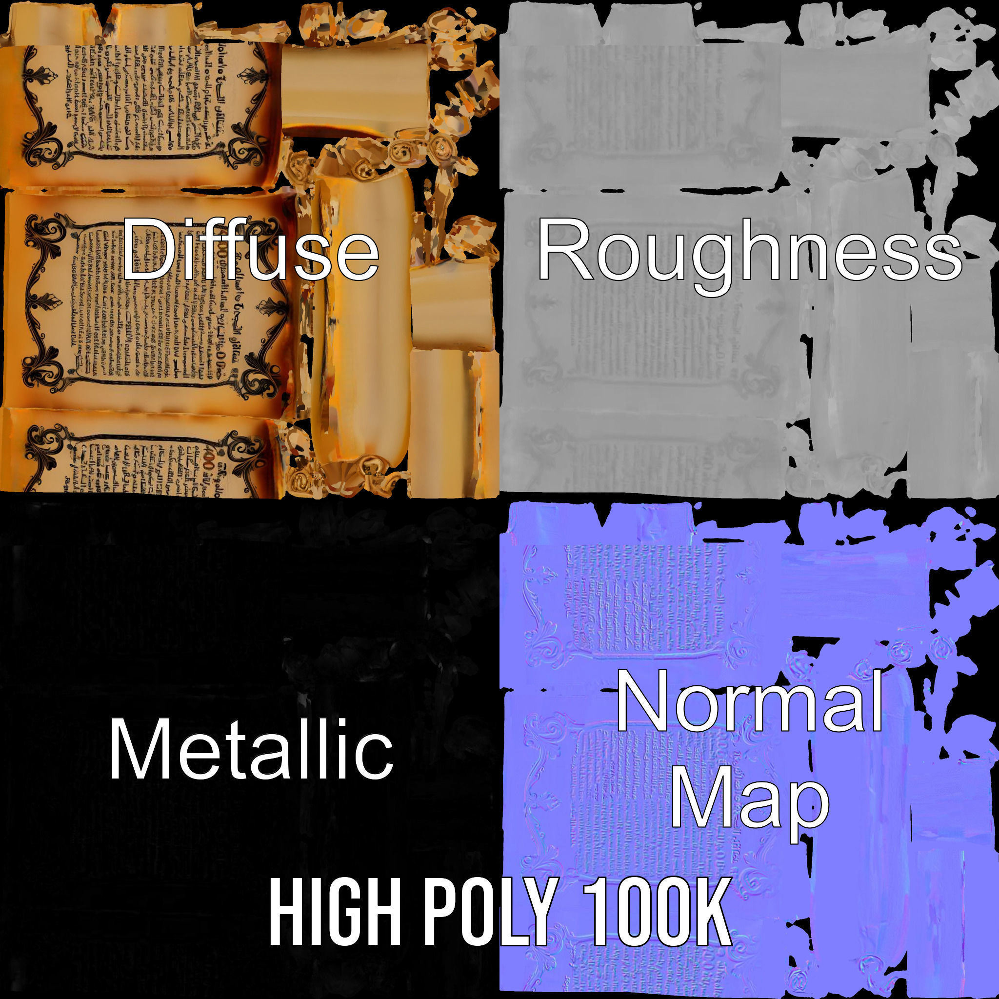 Ornate Ancient Scroll Model Pack with Arabic Script Low-poly 3D model_3