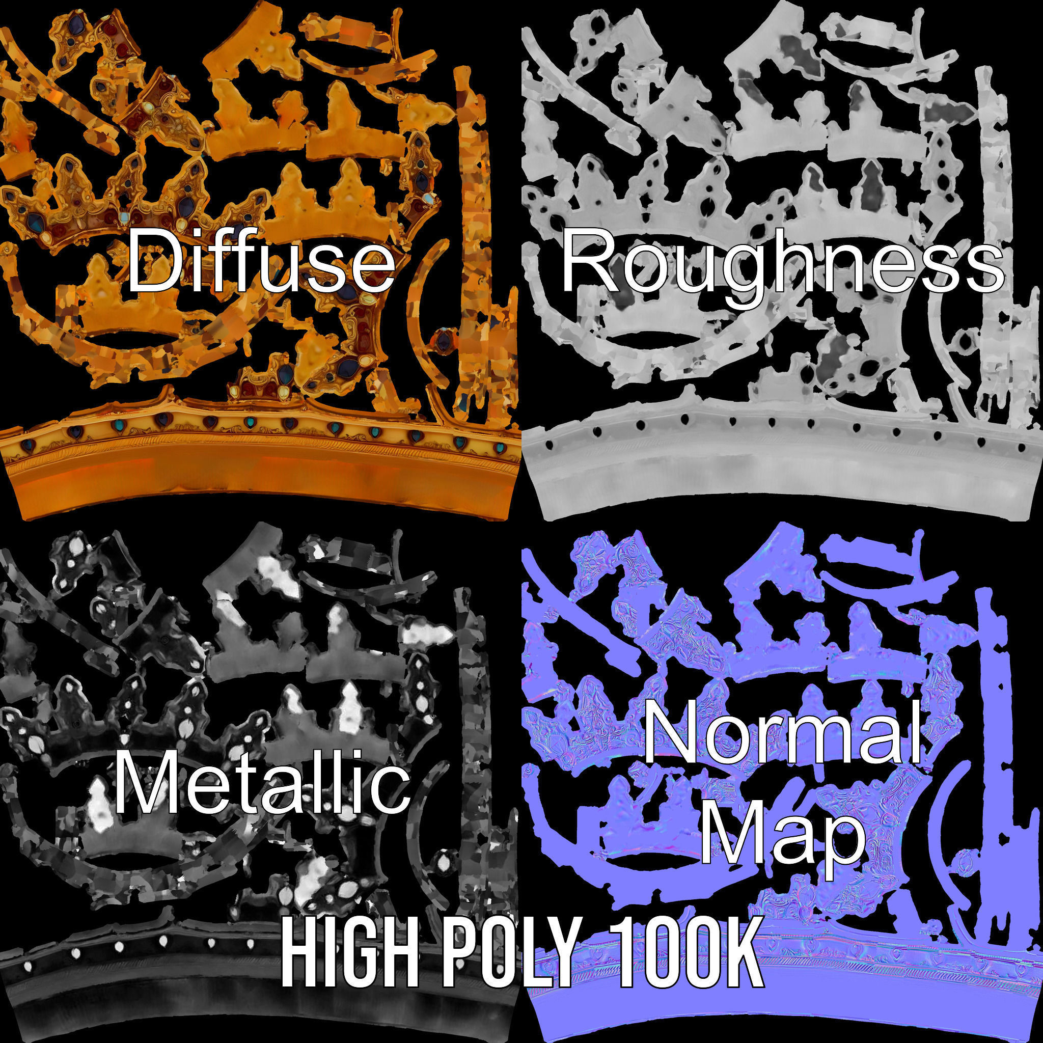 Regal Gold Crown Model Pack with Jewel Inlays Low-poly 3D model_3