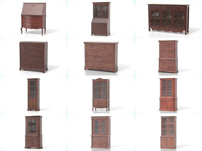 Antique Cabinets and Drawers - Wooden Furniture Set 3D Model Collection