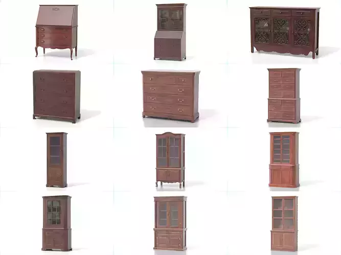 Antique Cabinets and Drawers - Wooden Furniture Set 3D Model Collection