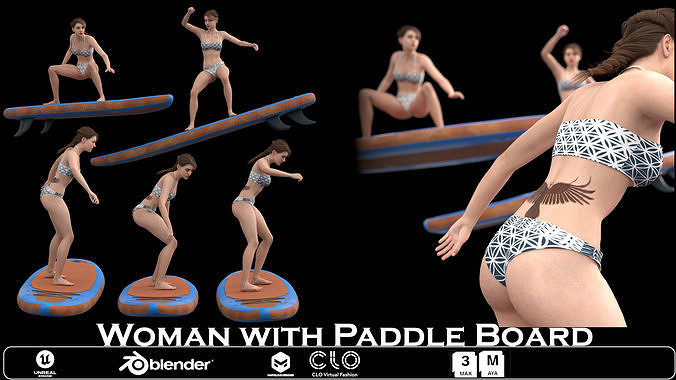 Woman with Paddle Board 05 Poses Low-poly 3D model