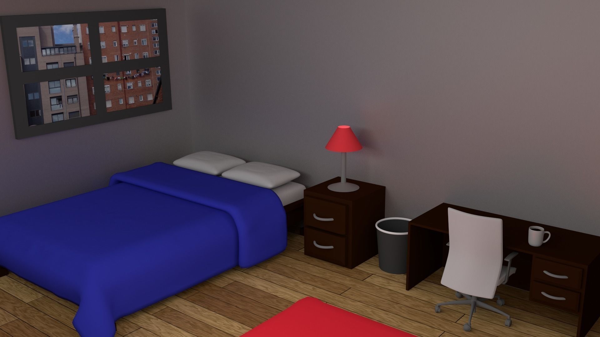 Bedroom room with two beds and desk 3D model_0