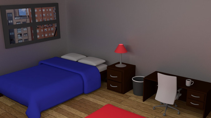 Bedroom room with two beds and desk 3D model