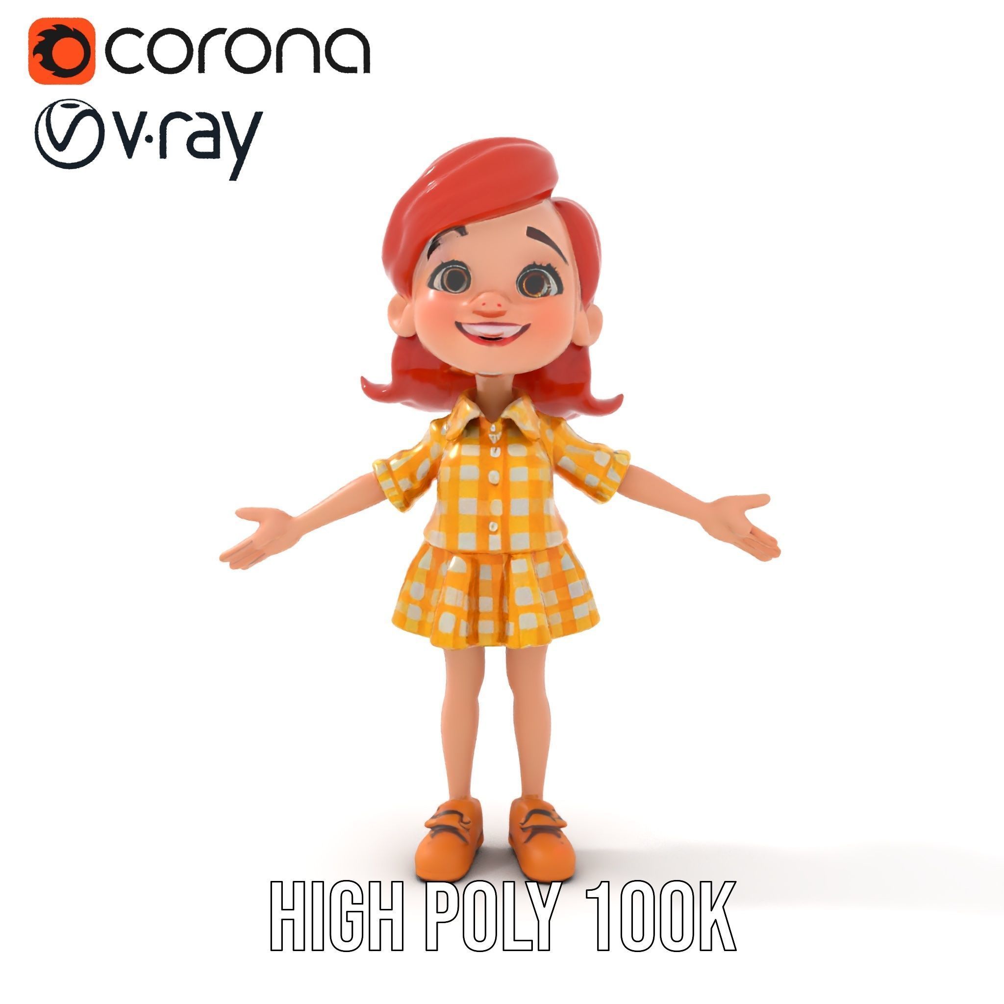 Cheerful Cartoon Girl Rigged and Animated D Character Model Low-poly 3D model_21