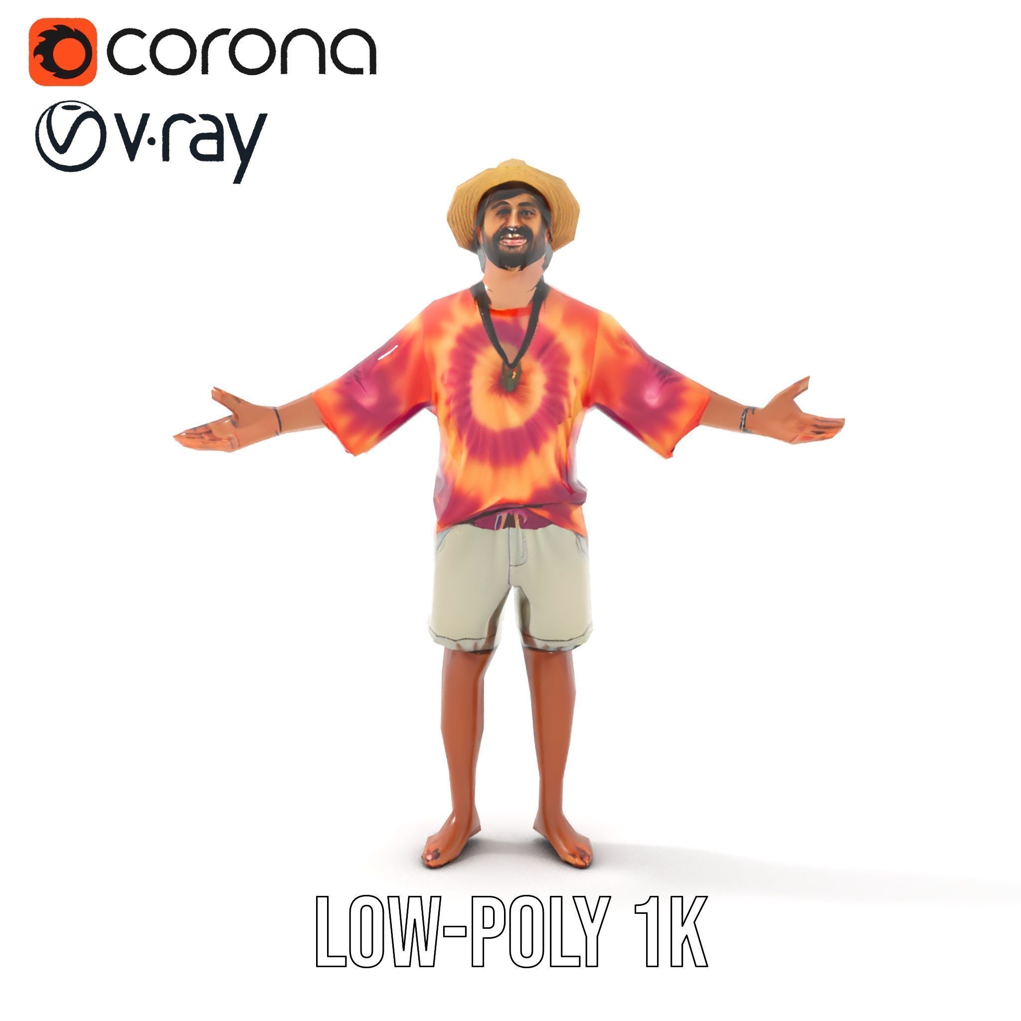 Smiling Tropical Tourist Character Rigged and Animated Low-poly 3D model_25