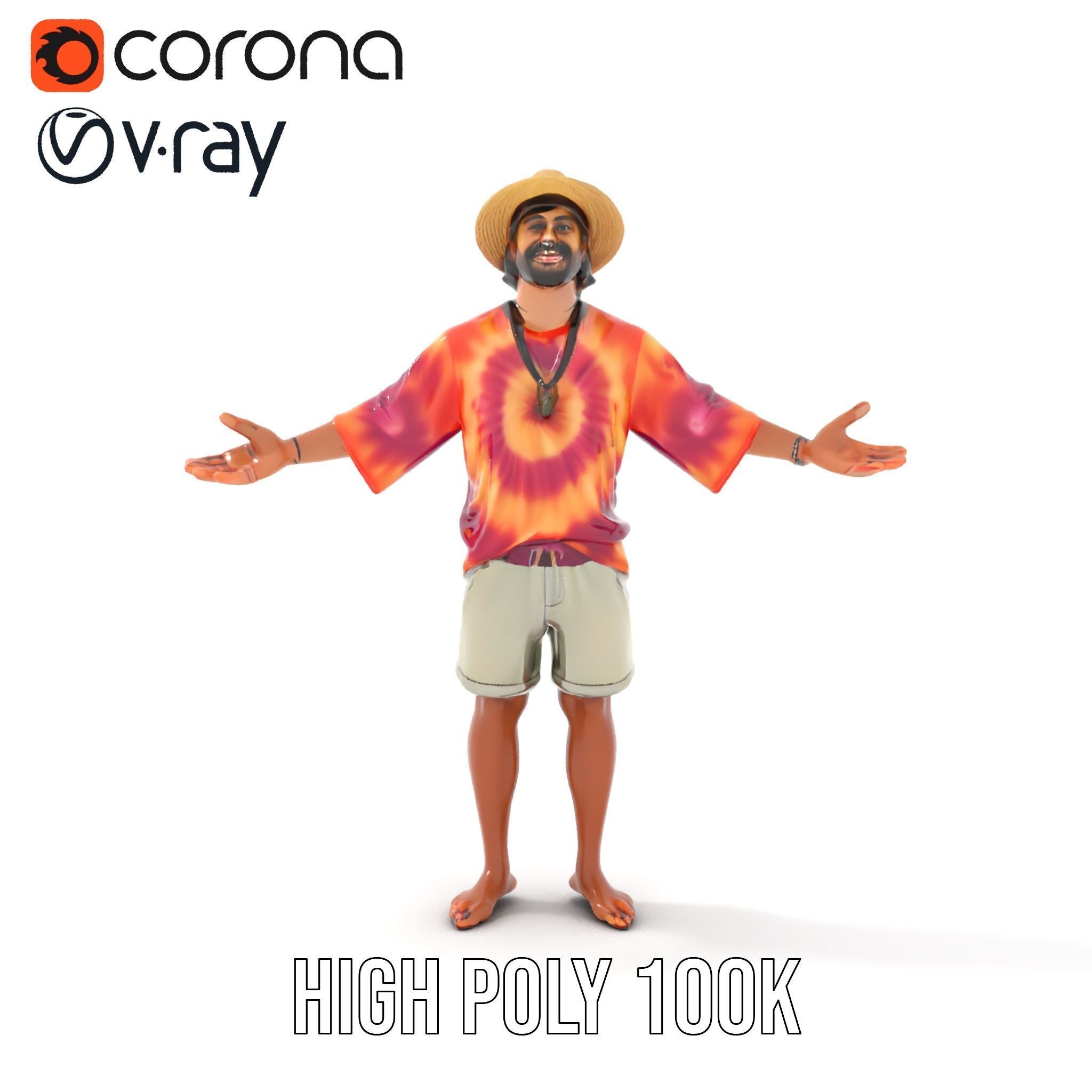 Smiling Tropical Tourist Character Rigged and Animated Low-poly 3D model_15