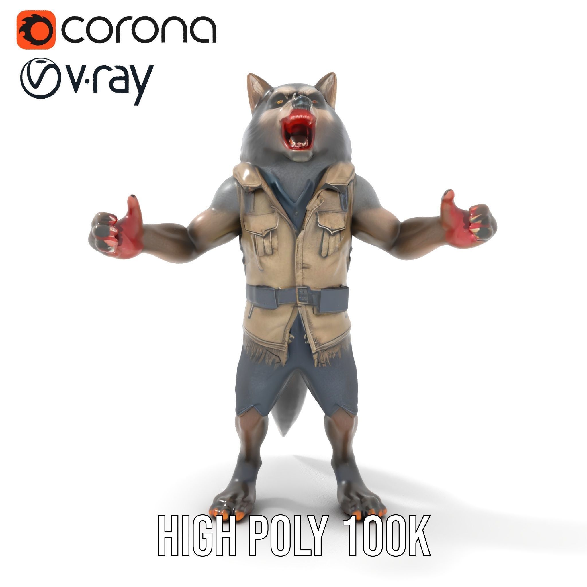 Ferocious Werewolf Hunter Rigged and Animated Character Model Low-poly 3D model_17