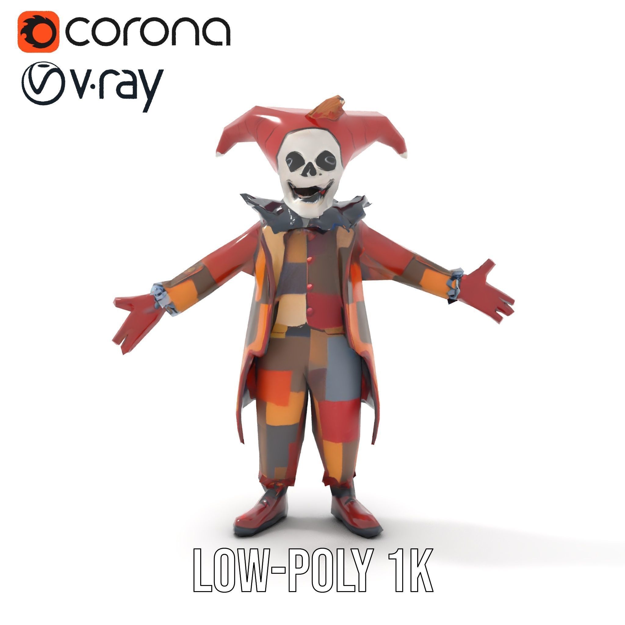 Jester Skull Character Model Rigged and Animated Low-poly 3D model_25