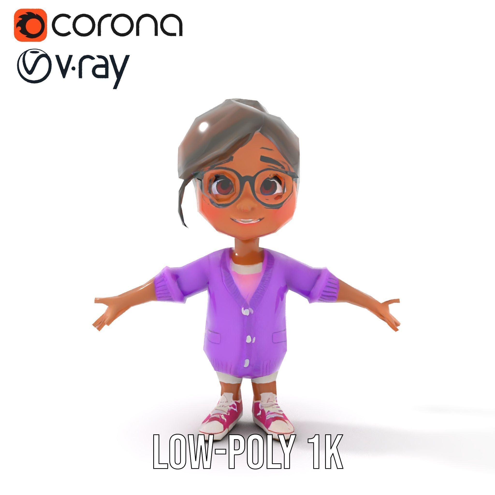 D Female Child Model with Glasses in Purple Outfit Rigged and... Low-poly 3D model_26