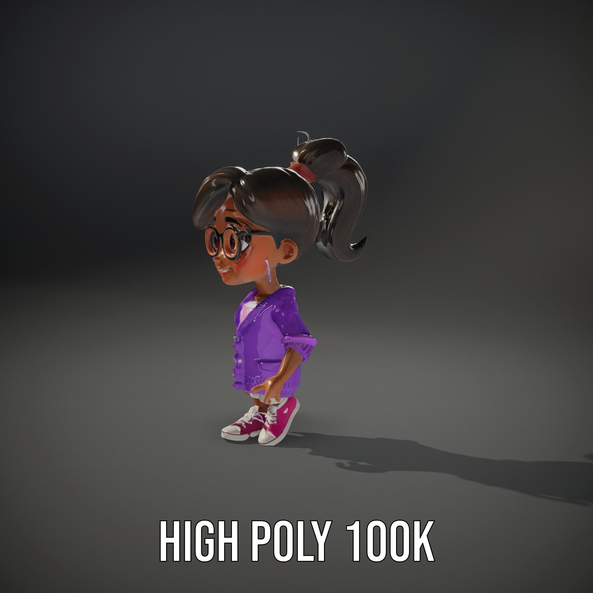 D Female Child Model with Glasses in Purple Outfit Rigged and... Low-poly 3D model_13