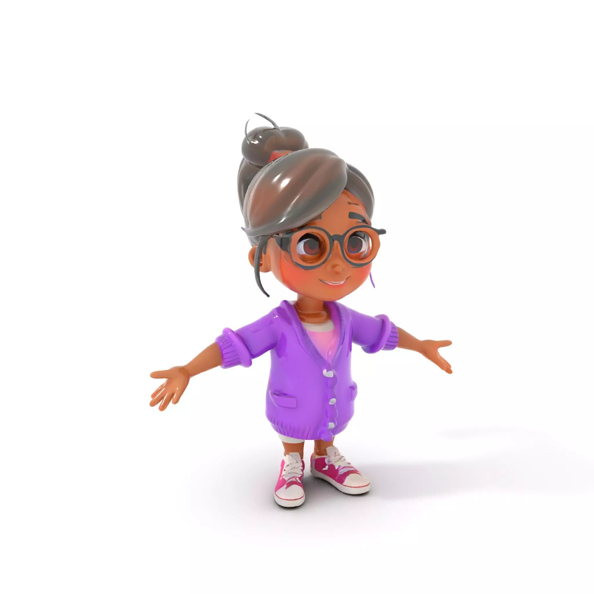 D Female Child Model with Glasses in Purple Outfit Rigged and... Low-poly 3D model_0