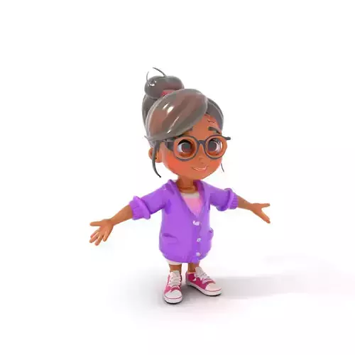 D Female Child Model with Glasses in Purple Outfit Rigged and Animated