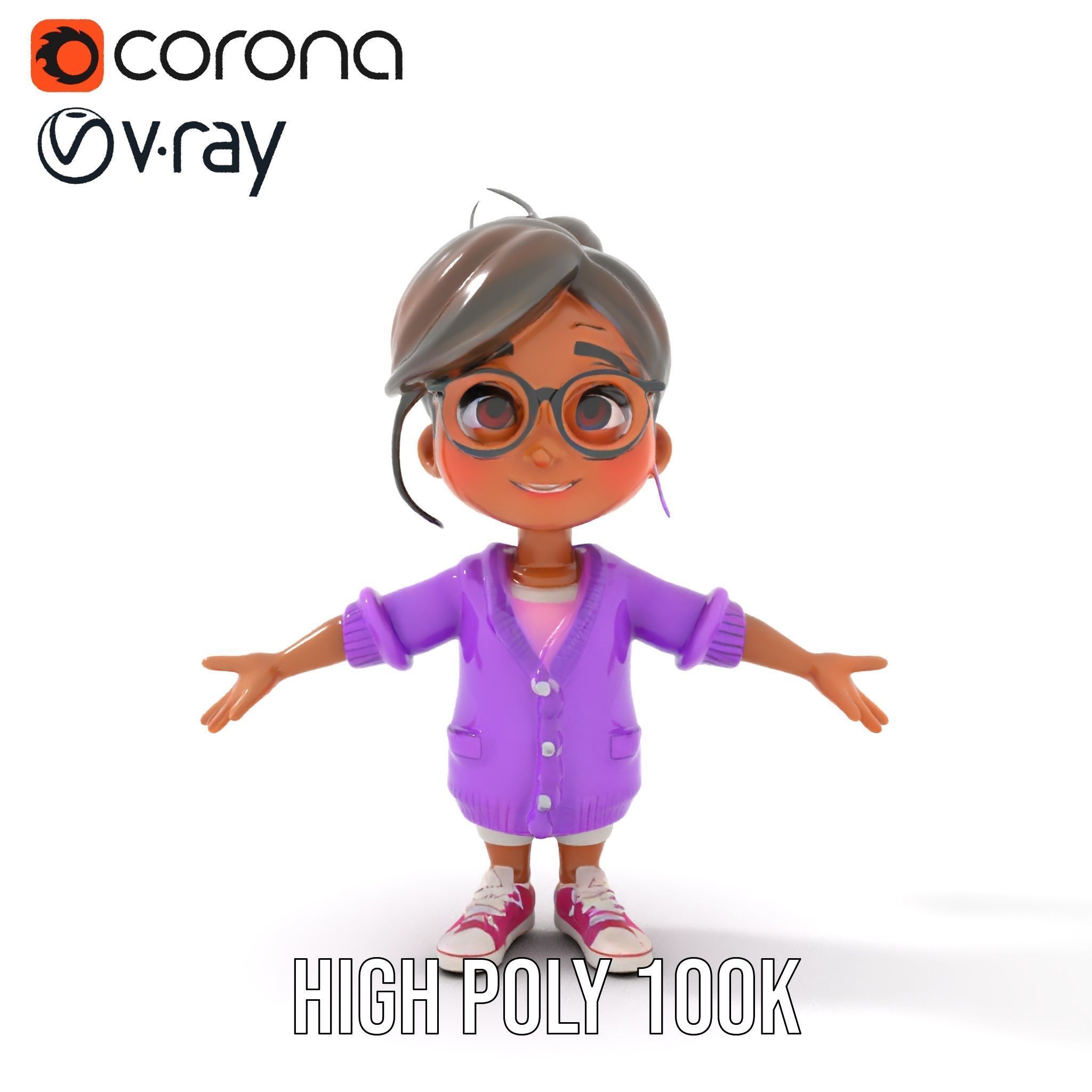 D Female Child Model with Glasses in Purple Outfit Rigged and... Low-poly 3D model_21