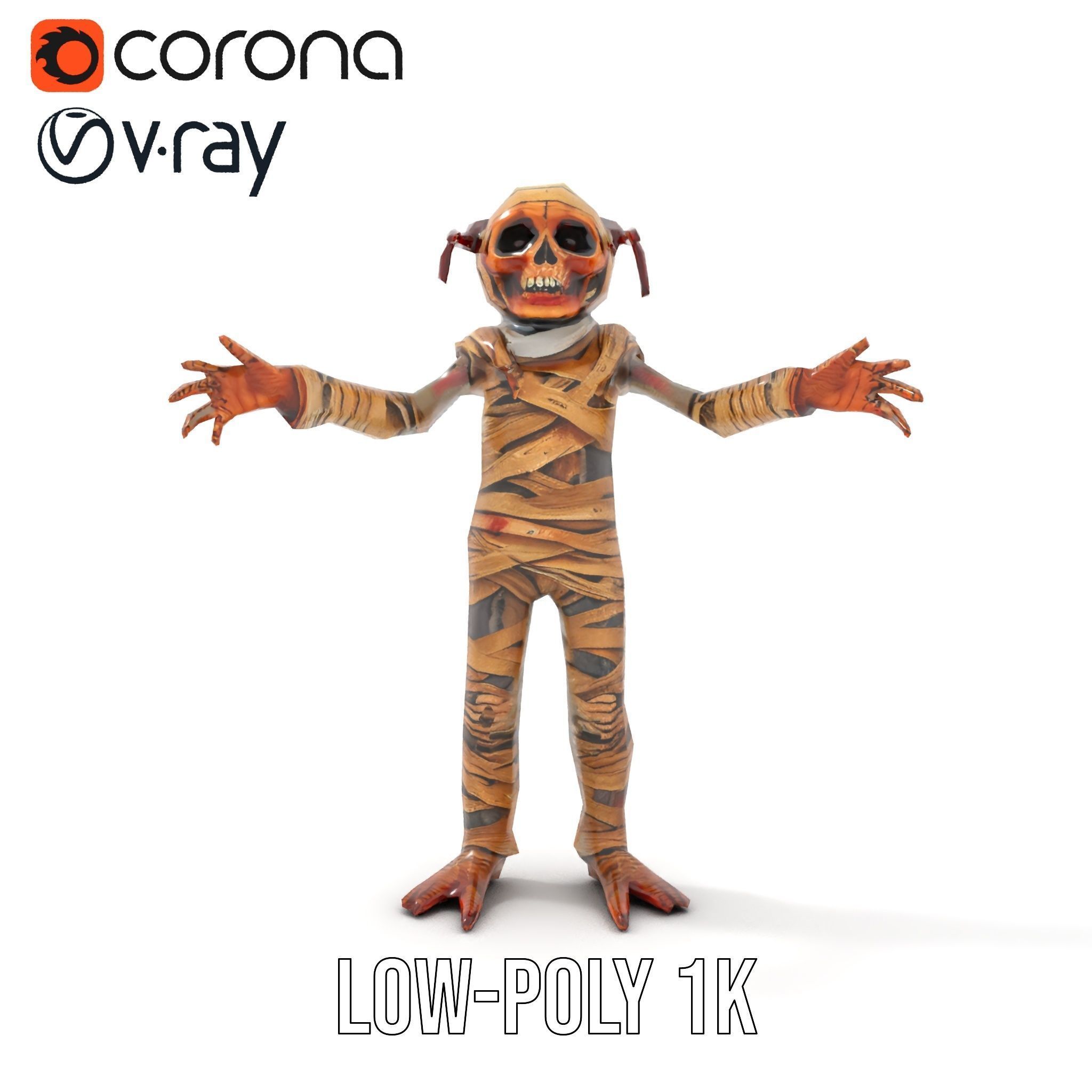 Mummy Skeleton Warrior Rigged and Animated Character Model Low-poly 3D model_9