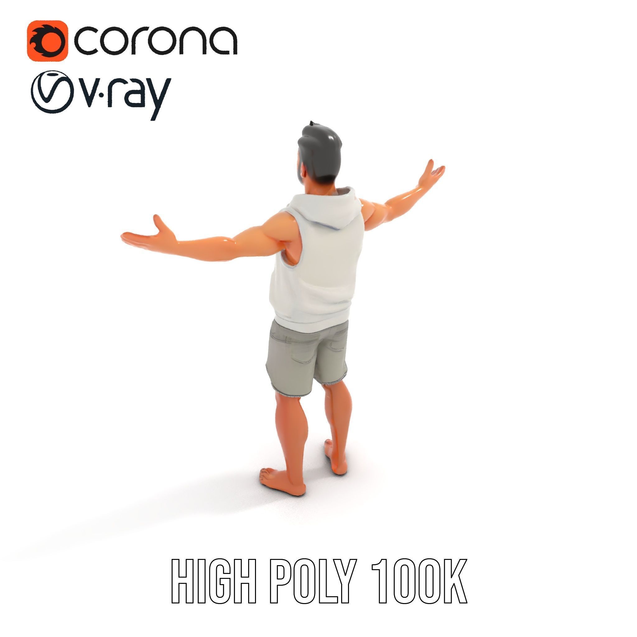 Casual Male Character Model Rigged and Animated Hoodie Shorts Low-poly 3D model_20