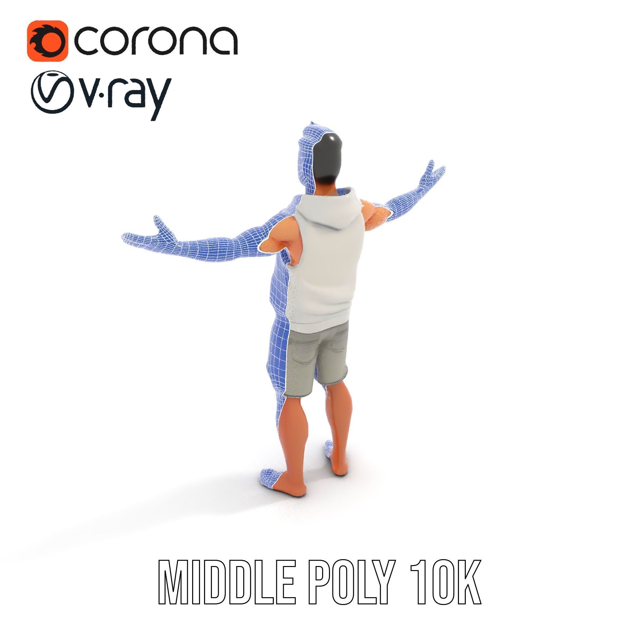 Casual Male Character Model Rigged and Animated Hoodie Shorts Low-poly 3D model_16