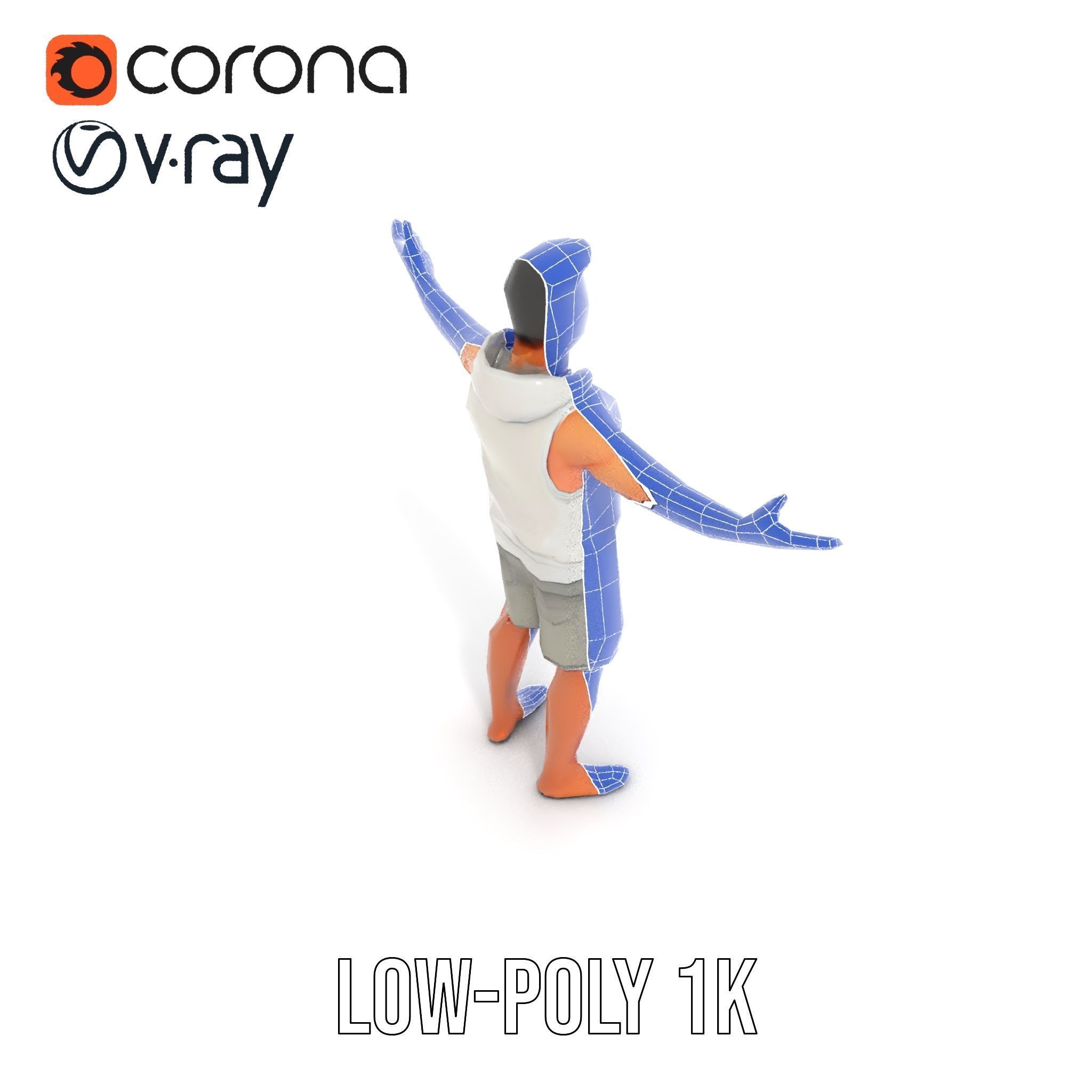 Casual Male Character Model Rigged and Animated Hoodie Shorts Low-poly 3D model_8