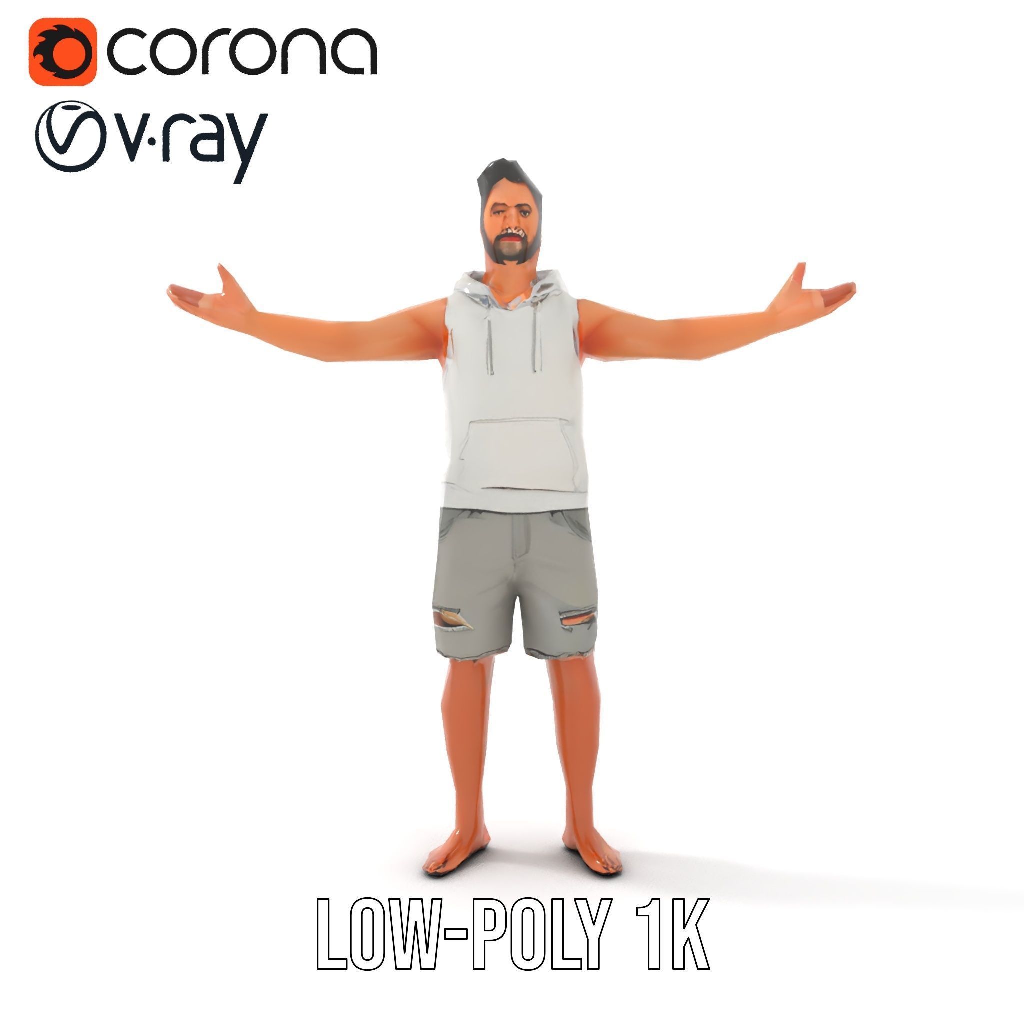 Casual Male Character Model Rigged and Animated Hoodie Shorts Low-poly 3D model_25