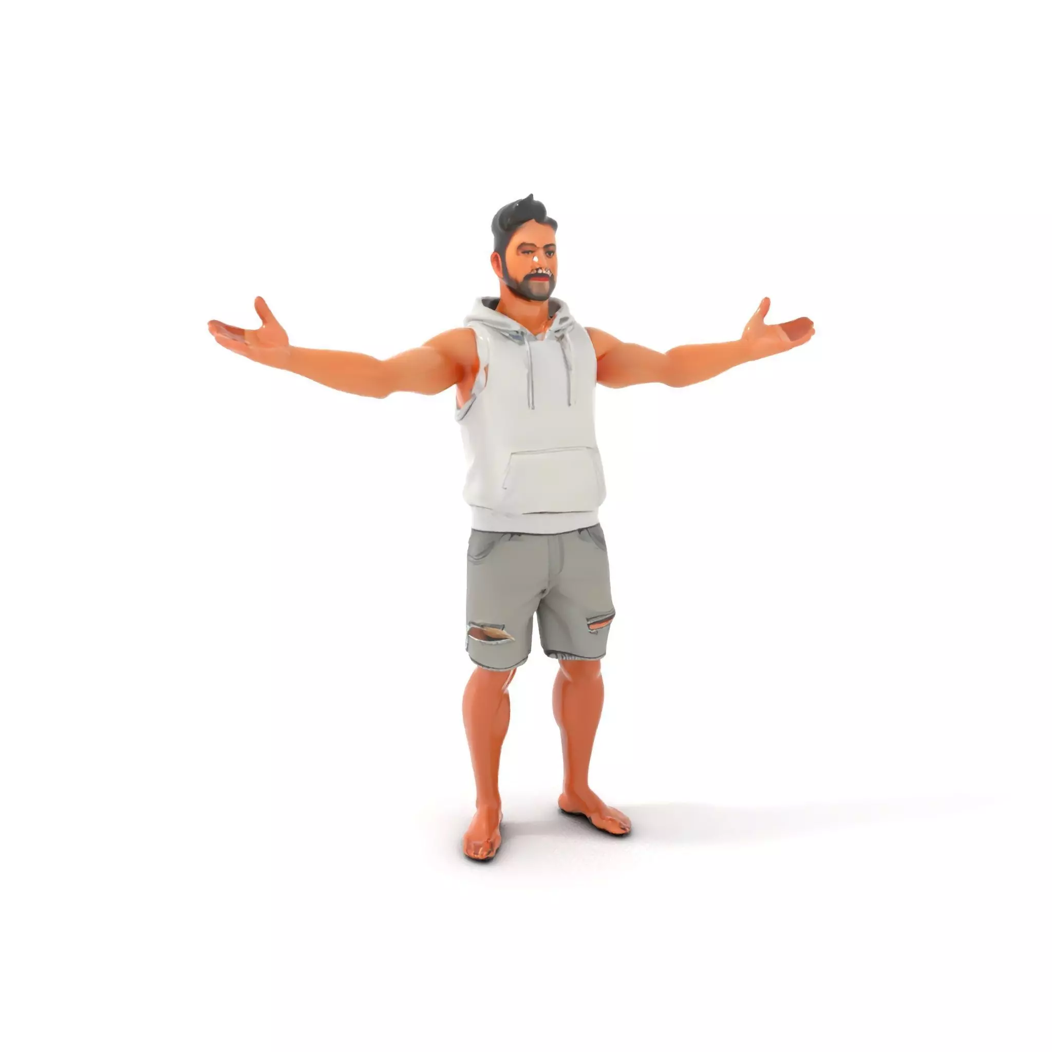 Casual Male Character Model Rigged and Animated Hoodie Shorts Low-poly 3D model_0