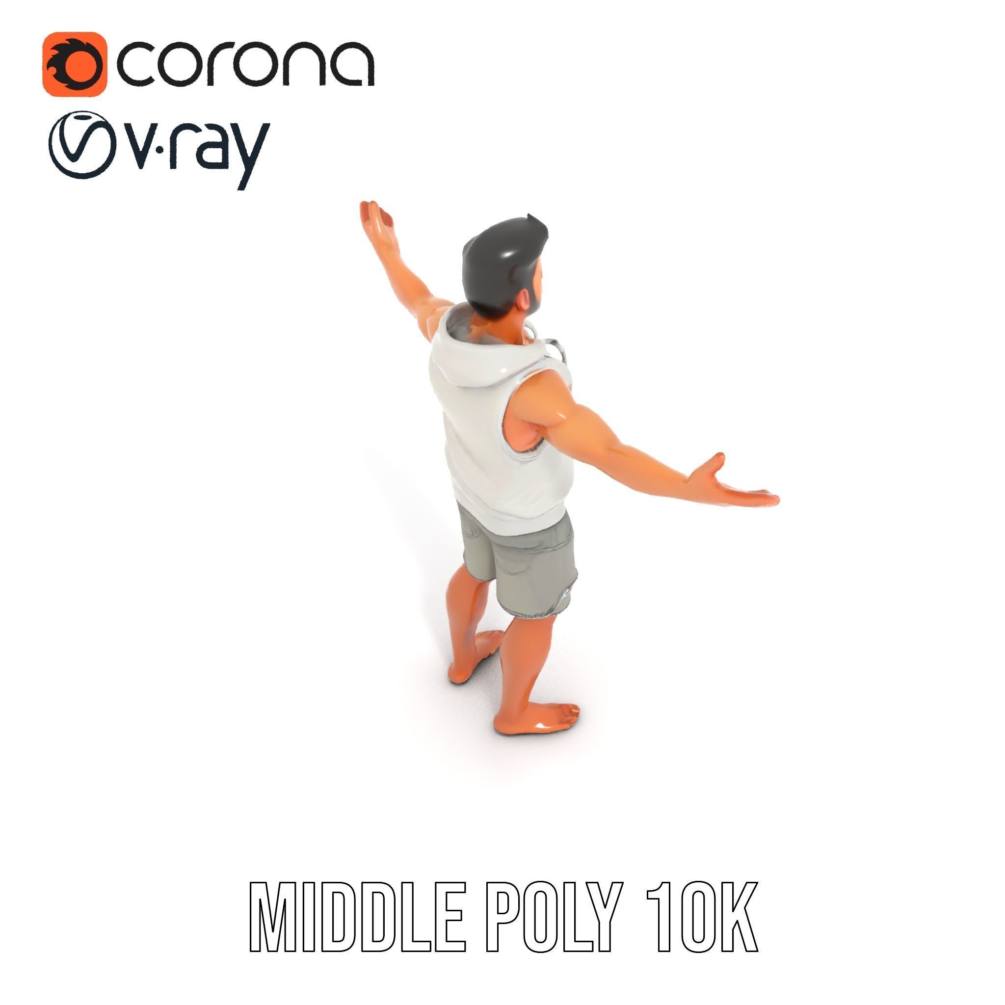 Casual Male Character Model Rigged and Animated Hoodie Shorts Low-poly 3D model_10