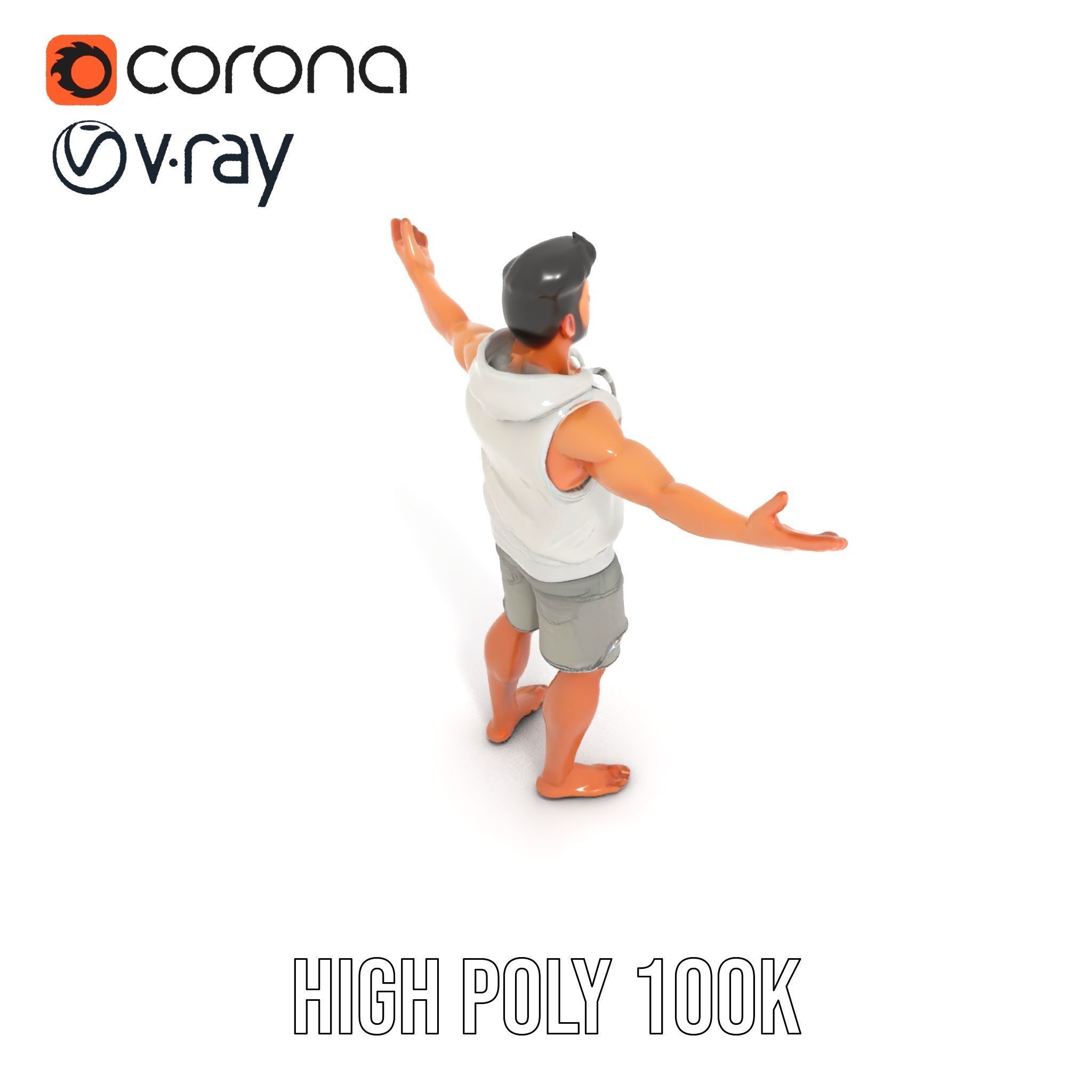 Casual Male Character Model Rigged and Animated Hoodie Shorts Low-poly 3D model_23