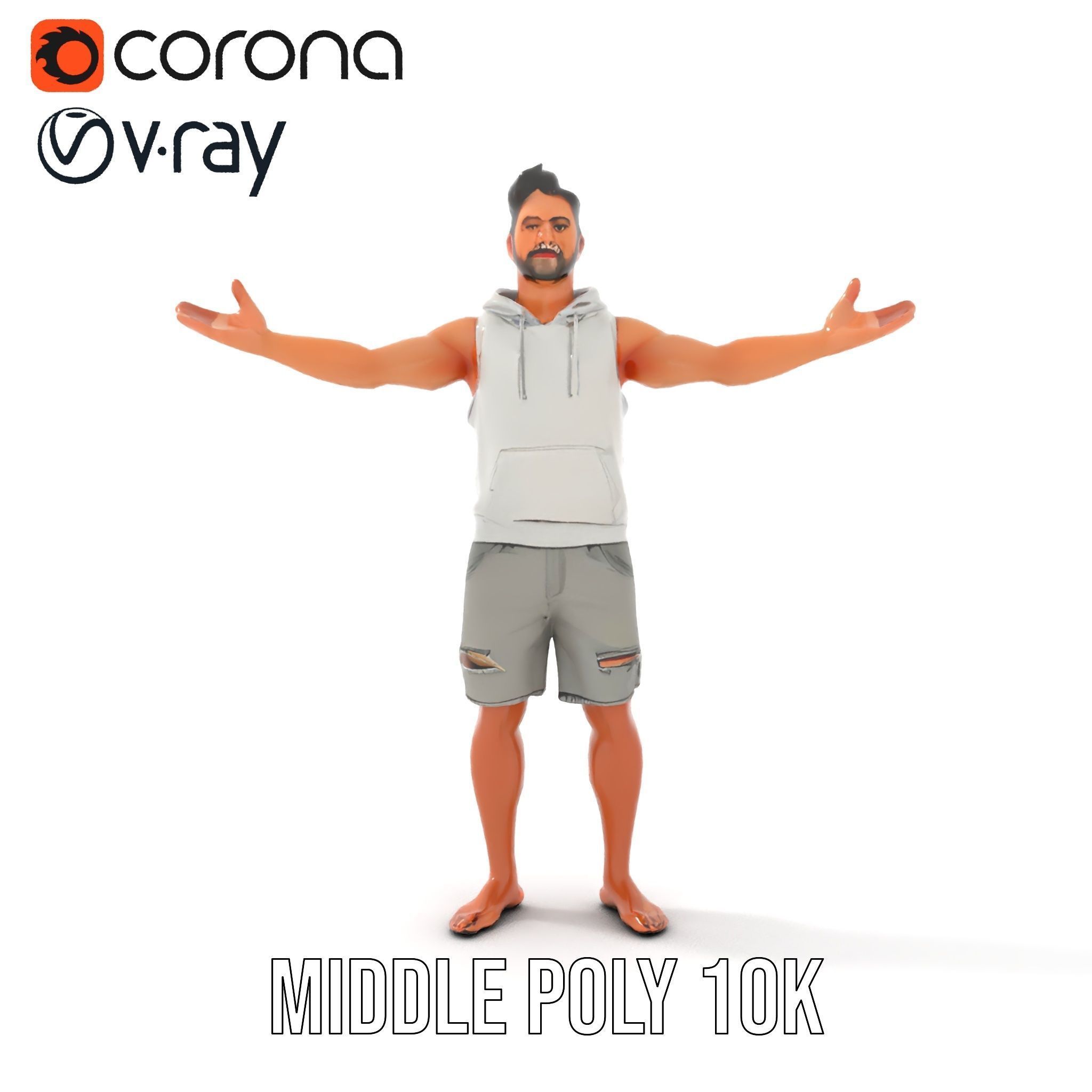 Casual Male Character Model Rigged and Animated Hoodie Shorts Low-poly 3D model_18