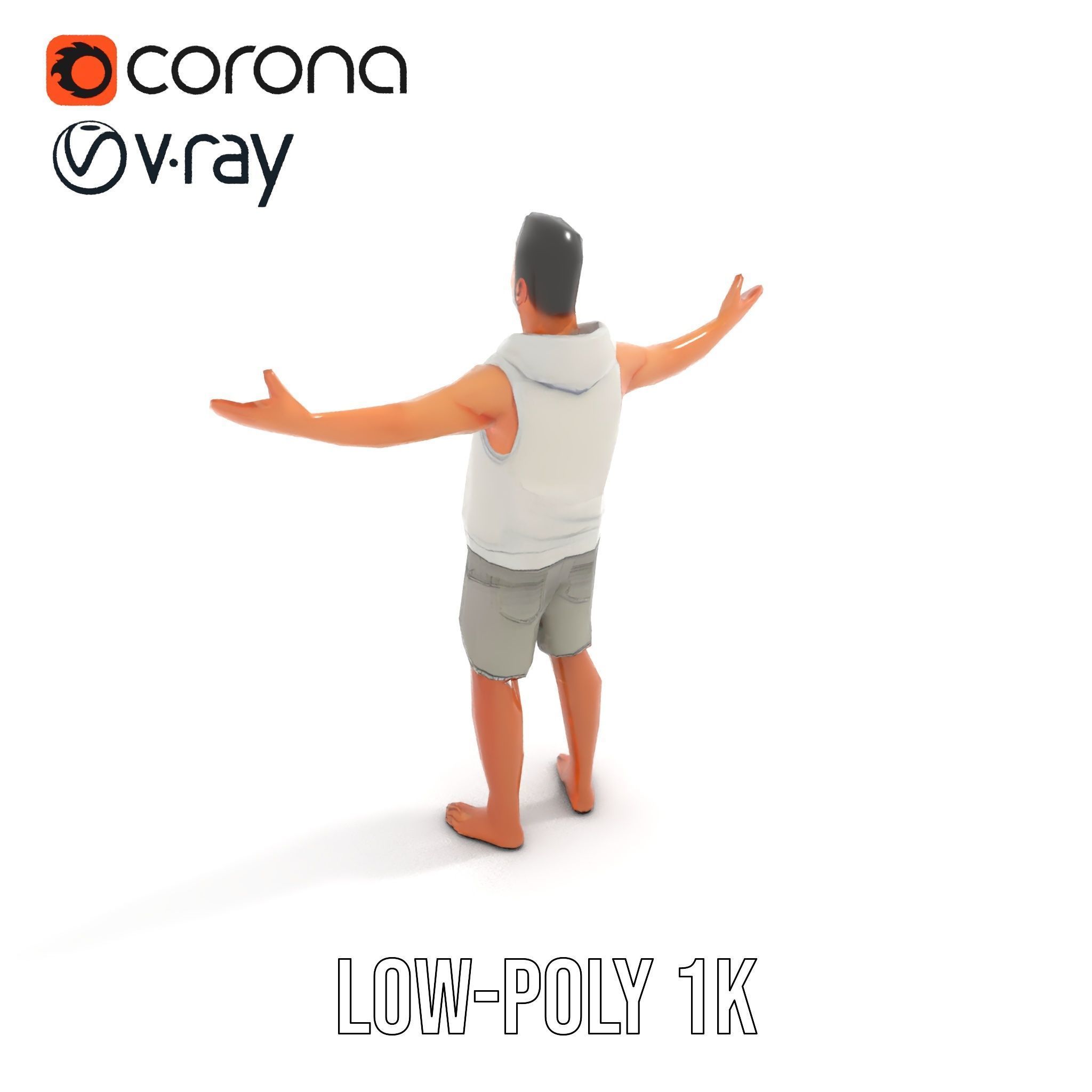 Casual Male Character Model Rigged and Animated Hoodie Shorts Low-poly 3D model_28