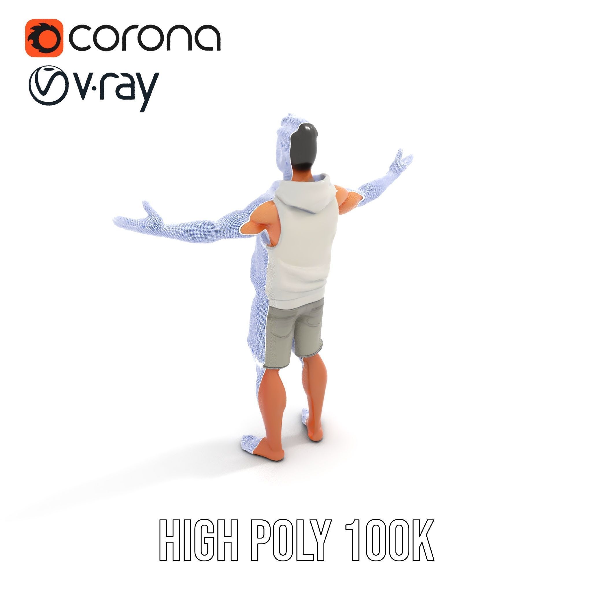 Casual Male Character Model Rigged and Animated Hoodie Shorts Low-poly 3D model_29