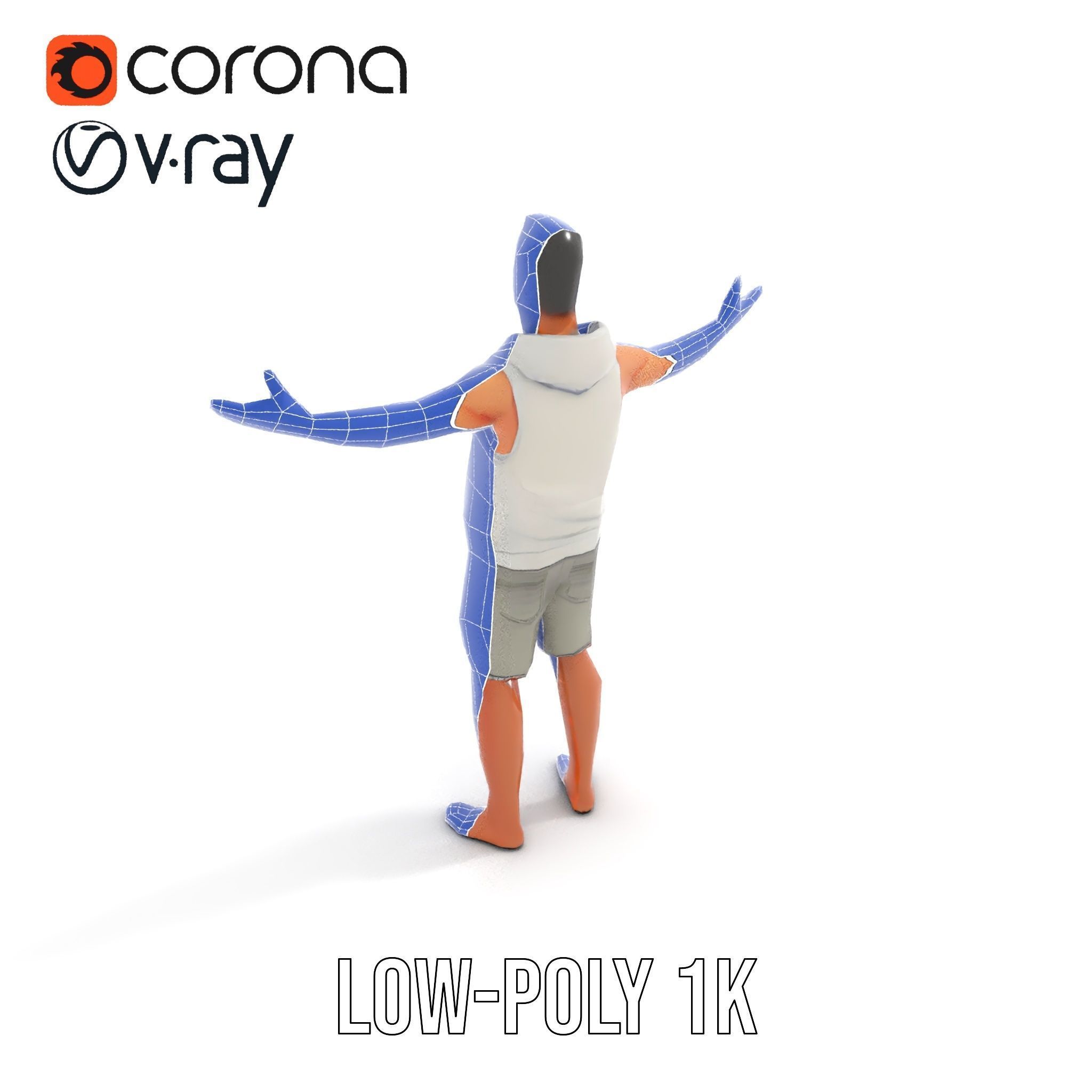 Casual Male Character Model Rigged and Animated Hoodie Shorts Low-poly 3D model_11