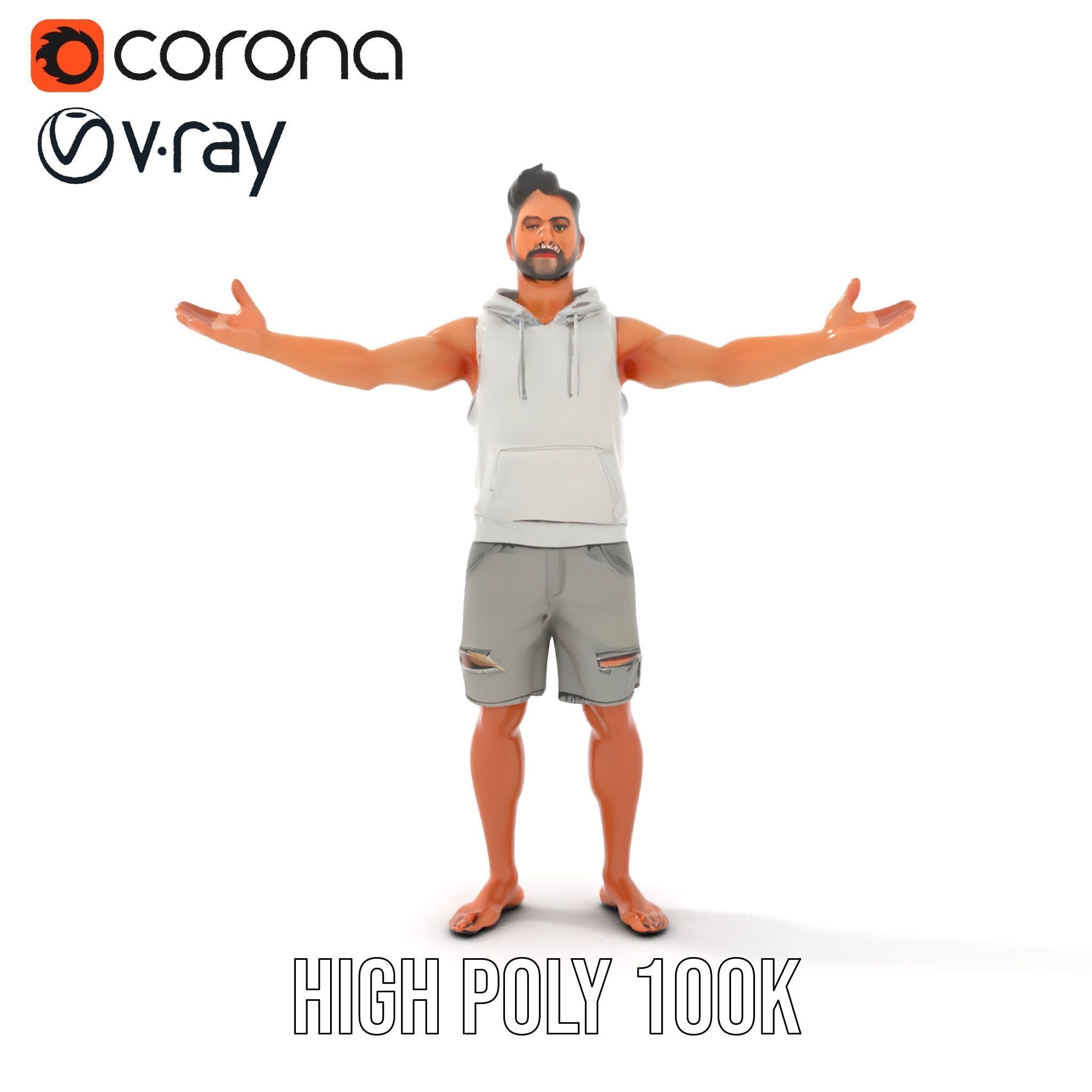 Casual Male Character Model Rigged and Animated Hoodie Shorts Low-poly 3D model_26