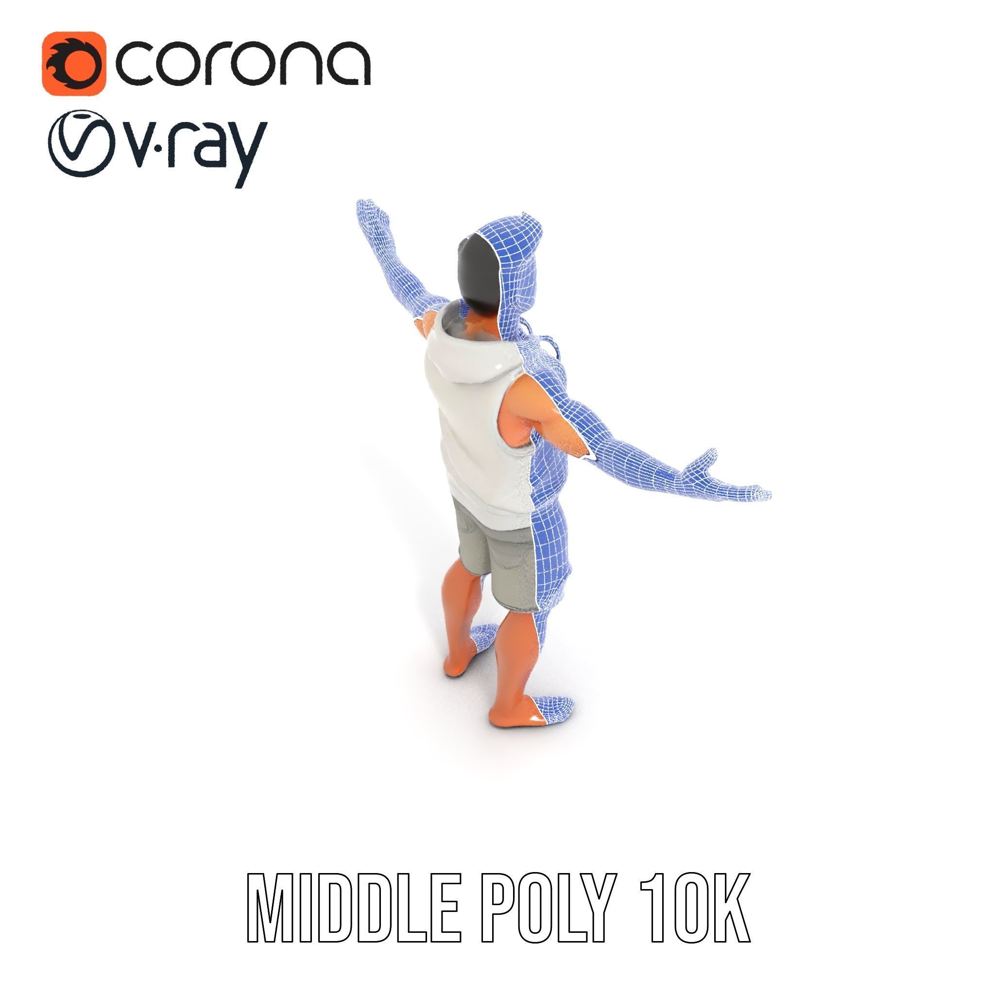 Casual Male Character Model Rigged and Animated Hoodie Shorts Low-poly 3D model_24