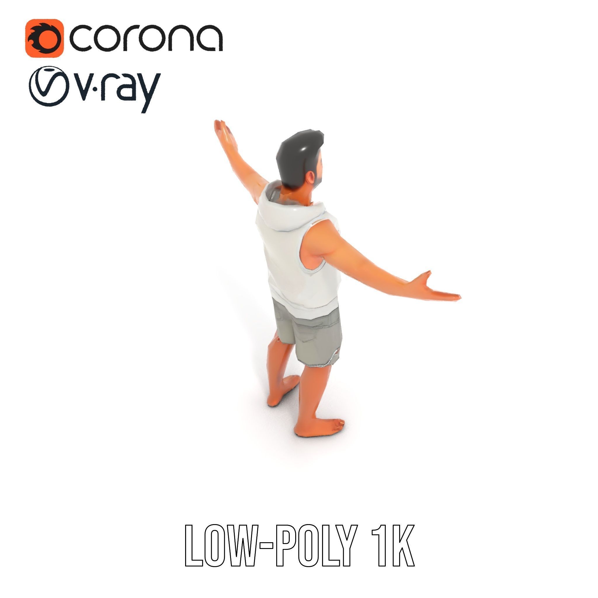 Casual Male Character Model Rigged and Animated Hoodie Shorts Low-poly 3D model_19