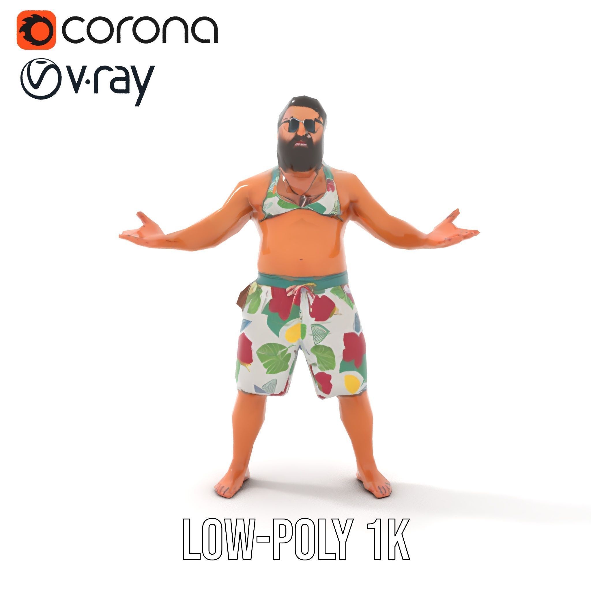 Beachwear Muscle Guy Character Model  Rigged and Animated Low-poly 3D model_19