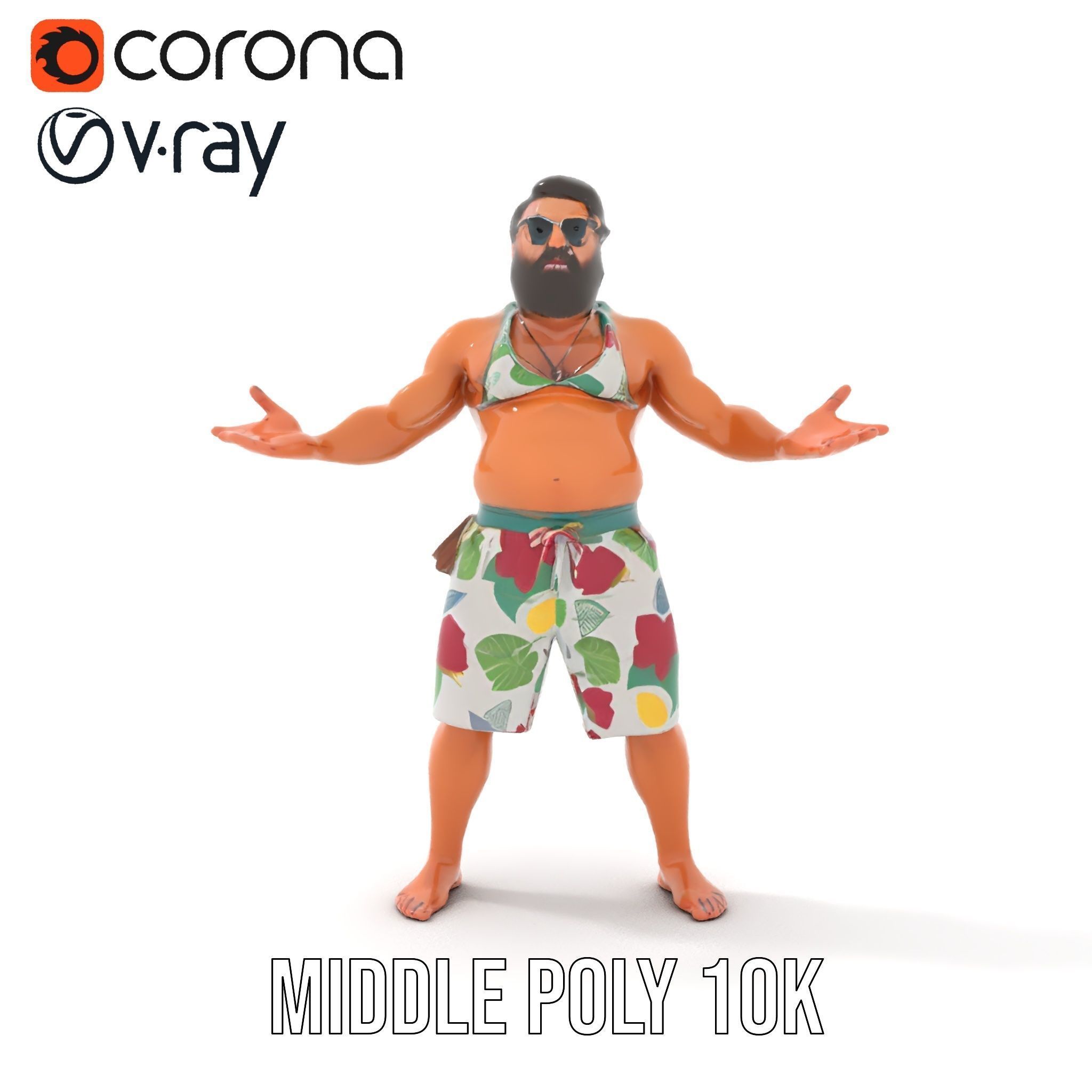 Beachwear Muscle Guy Character Model  Rigged and Animated Low-poly 3D model_9