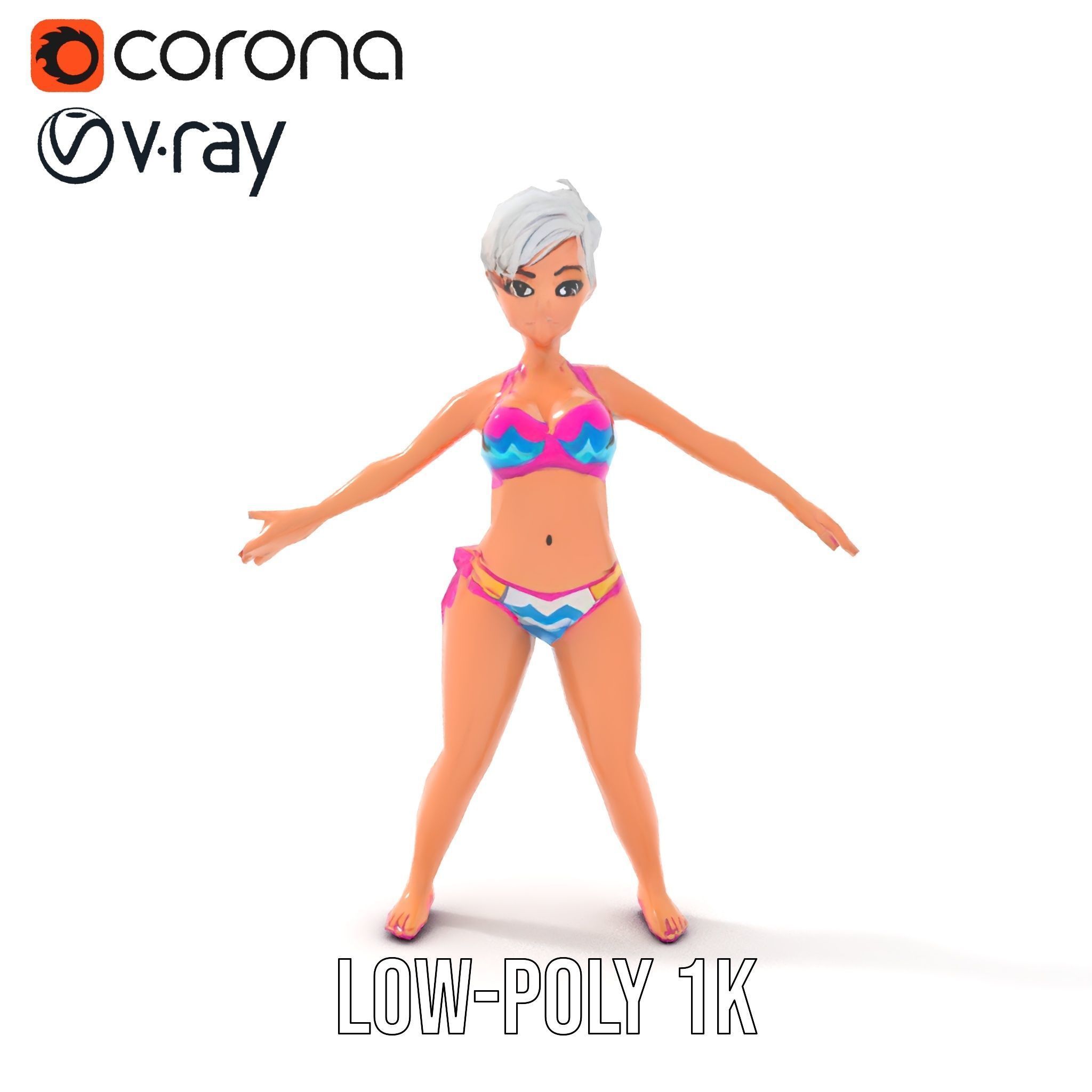 Stylized Beach Heroine Character Rigged and Animated Low-poly 3D model_16