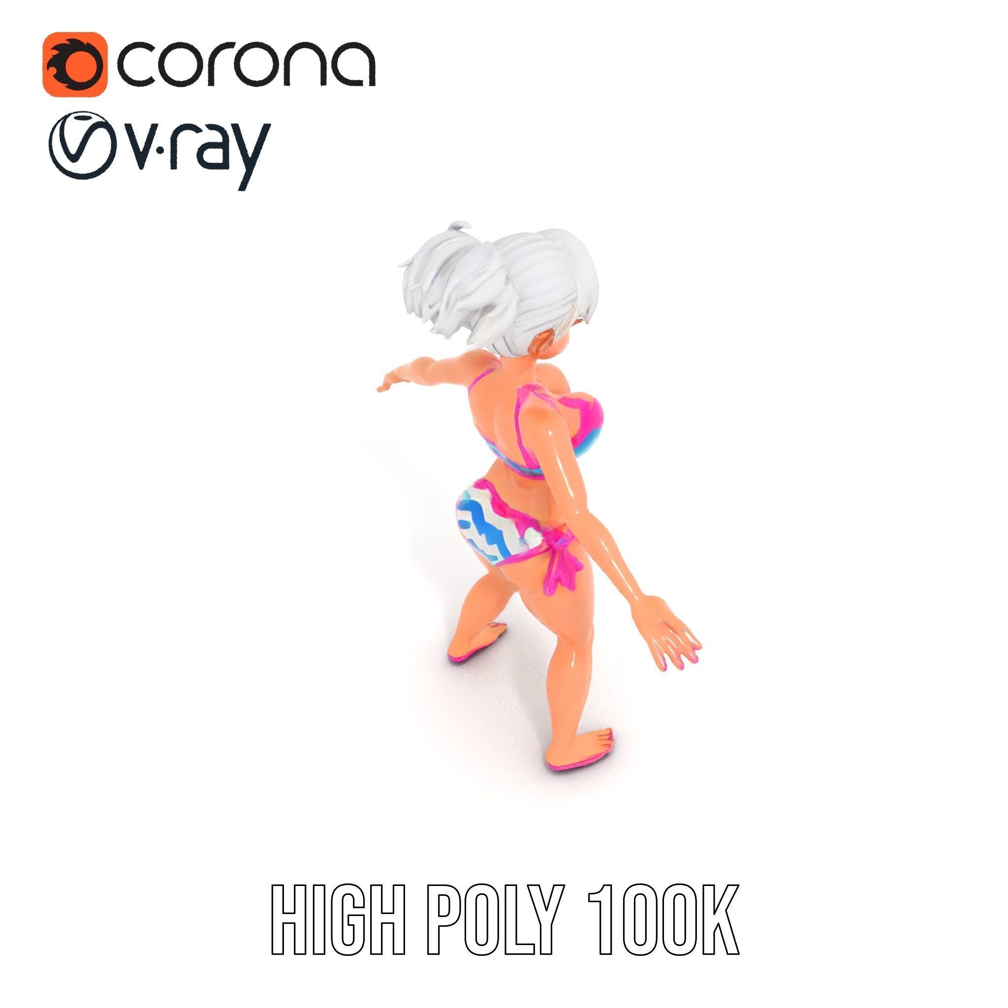 Stylized Beach Heroine Character Rigged and Animated Low-poly 3D model_20