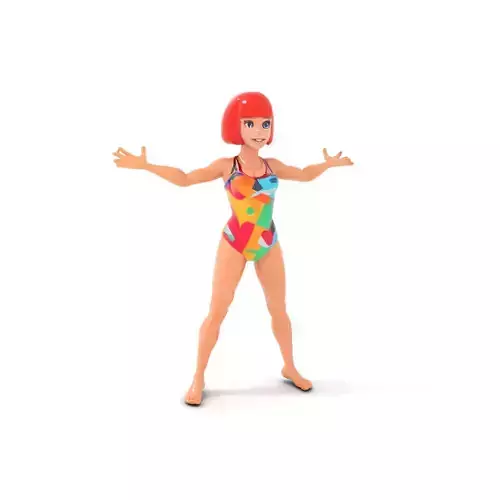 Animated Female Swimsuit Model Red Hair Rigged and Animated Low-poly 3D model
