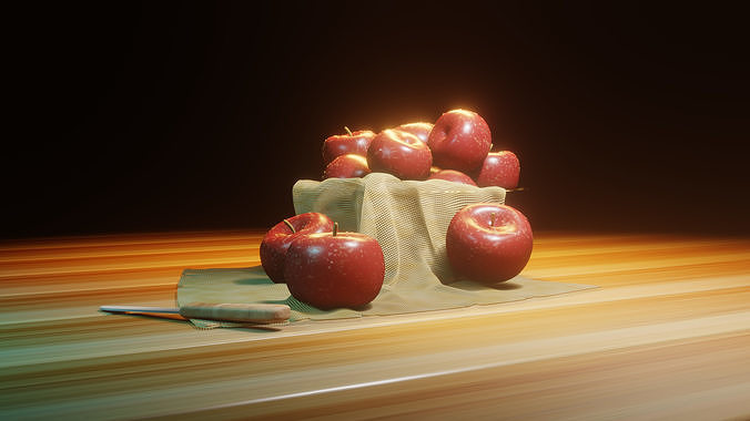Realistic Red Apple Set - Fruit Scene with Knife and Cloth Low-poly 3D model 2