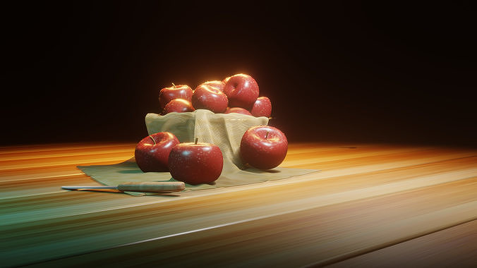 Realistic Red Apple Set - Fruit Scene with Knife and Cloth Low-poly 3D model 3