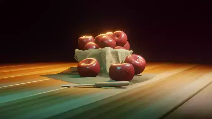 Realistic Red Apple Set - Fruit Scene with Knife and Cloth