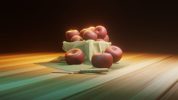 Realistic Red Apple Set - Fruit Scene with Knife and Cloth Low-poly 3D model 5