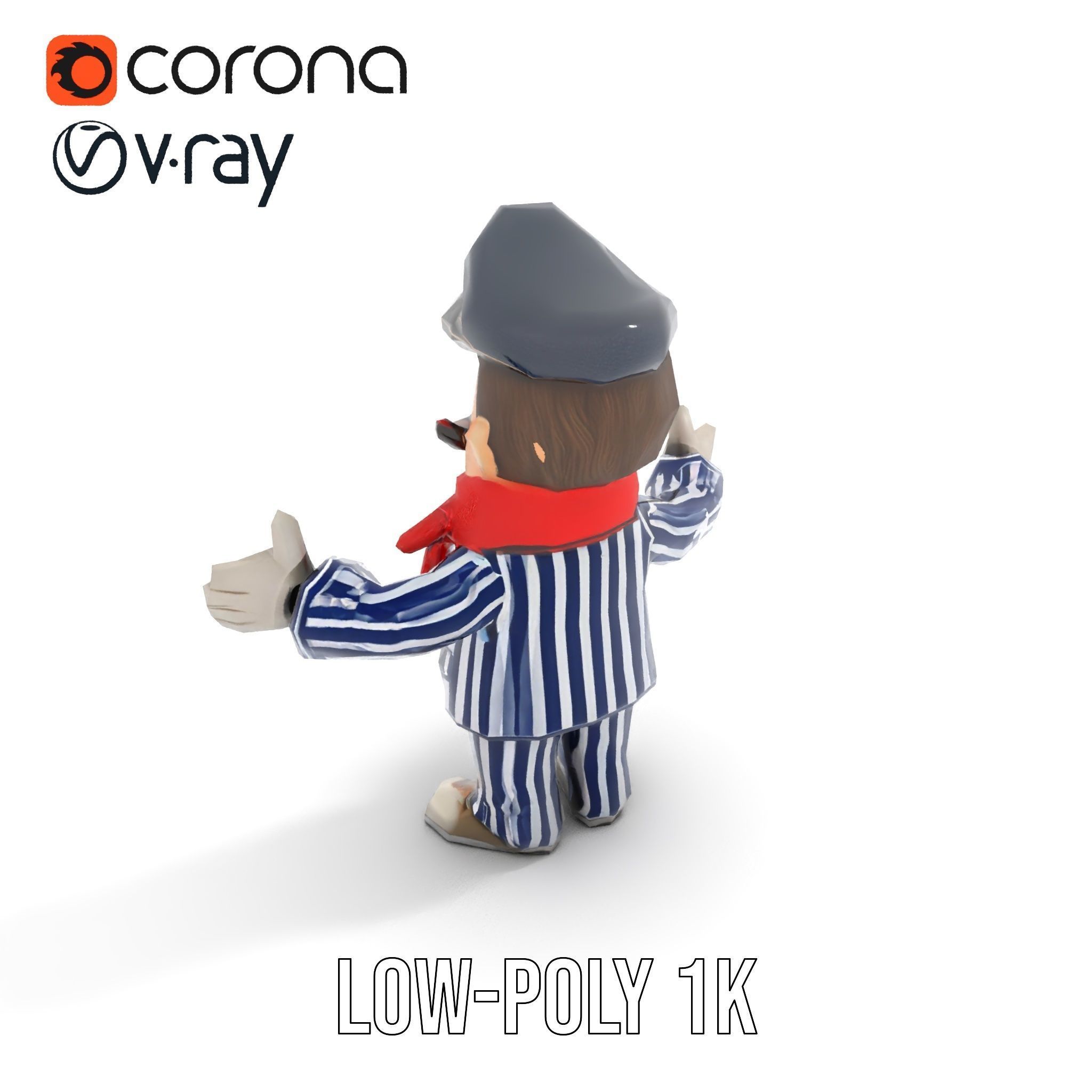 Striped Suit Character with Red Scarf Rigged and Animated Low-poly 3D model_11