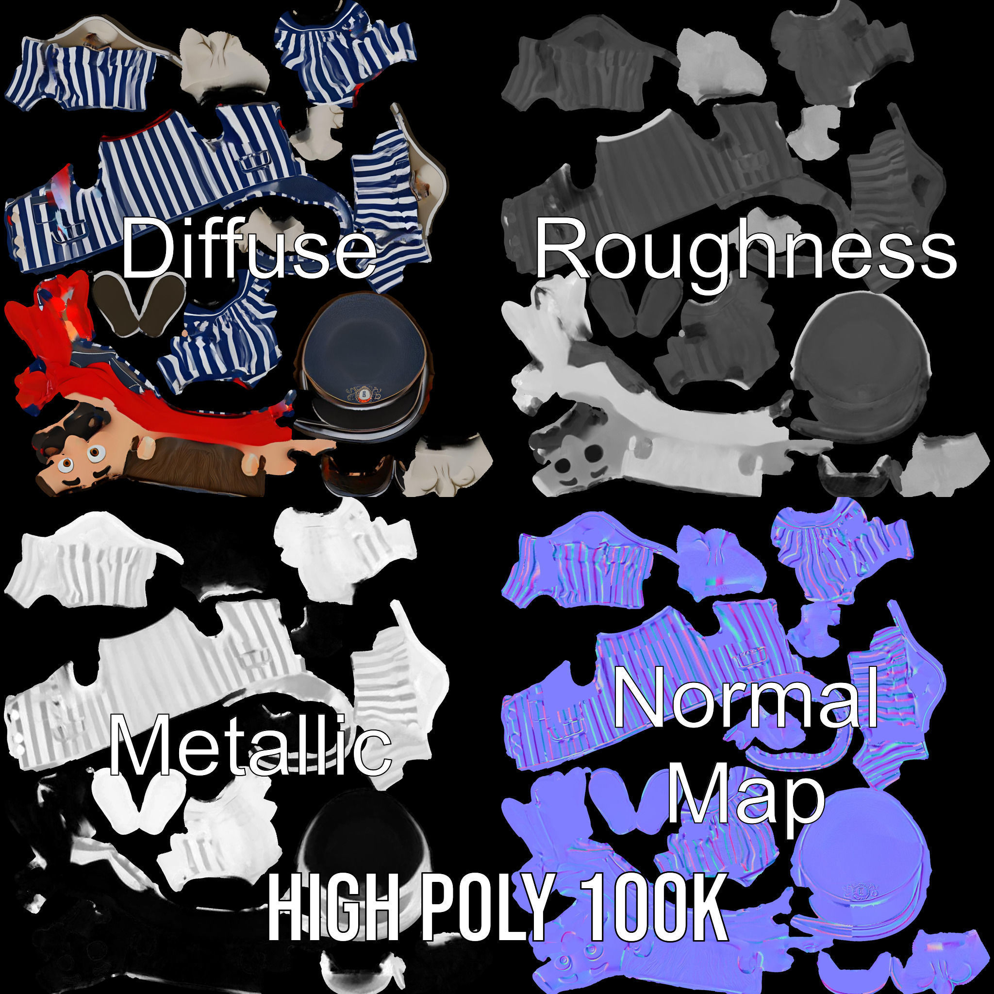 Striped Suit Character with Red Scarf Rigged and Animated Low-poly 3D model_3