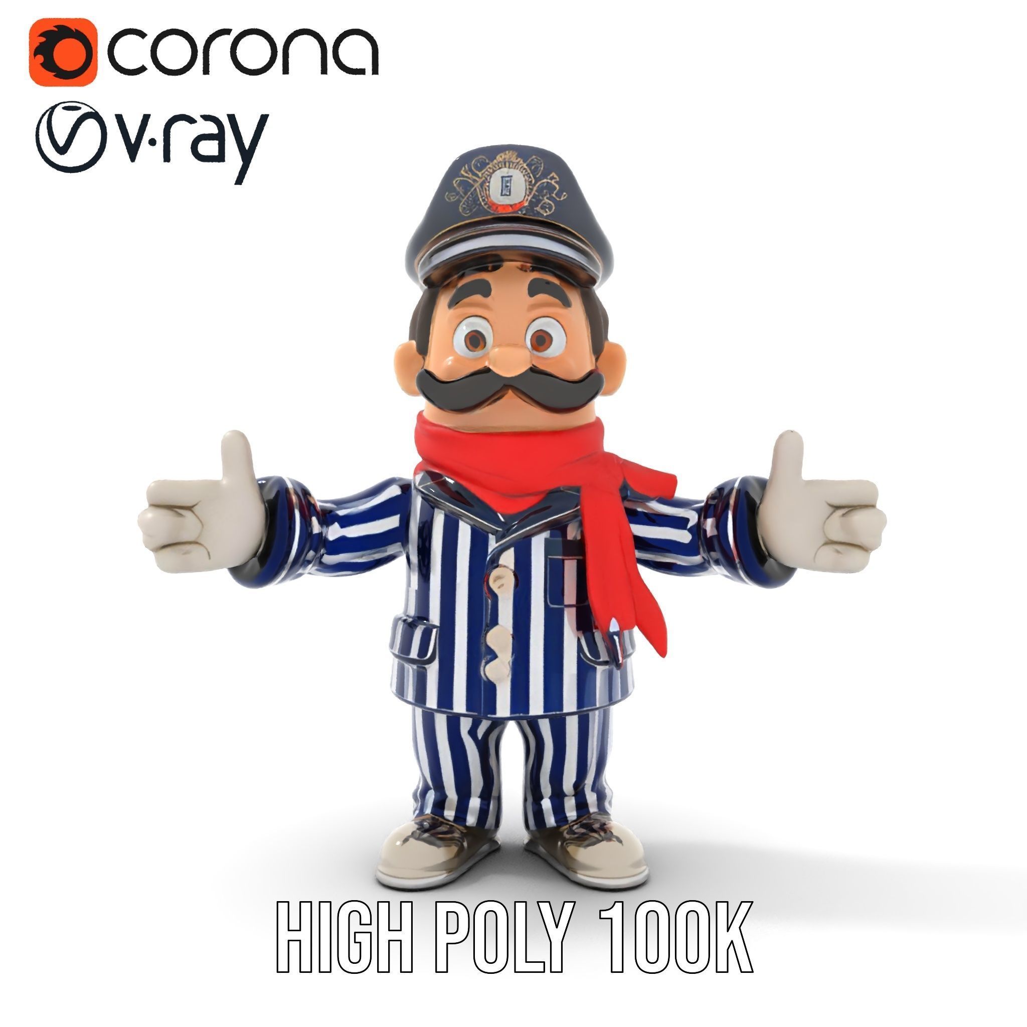 Striped Suit Character with Red Scarf Rigged and Animated Low-poly 3D model_23