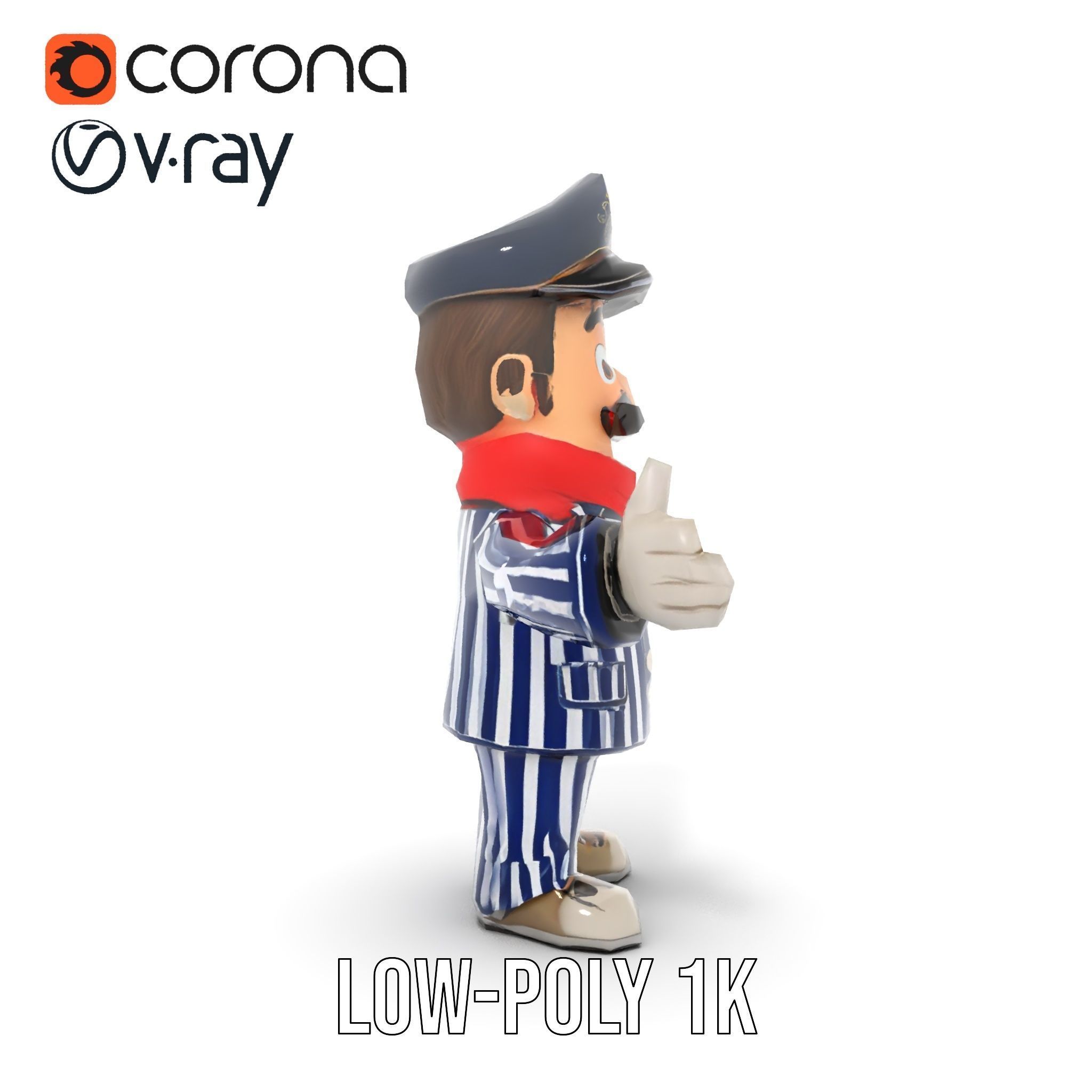 Striped Suit Character with Red Scarf Rigged and Animated Low-poly 3D model_16