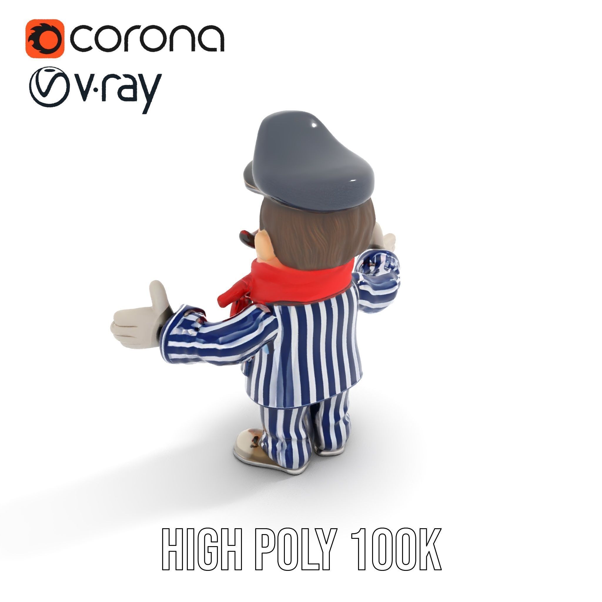 Striped Suit Character with Red Scarf Rigged and Animated Low-poly 3D model_9
