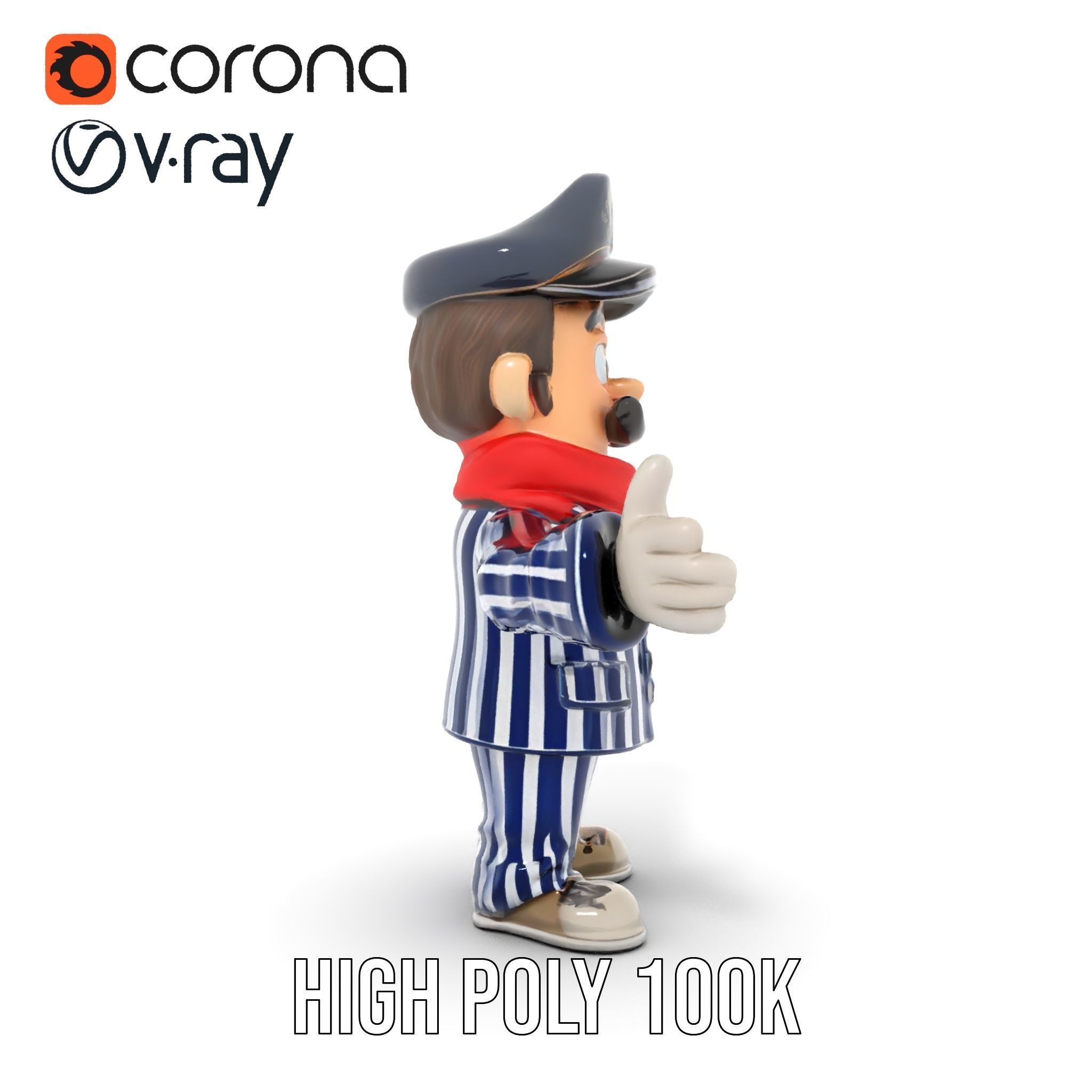 Striped Suit Character with Red Scarf Rigged and Animated Low-poly 3D model_29