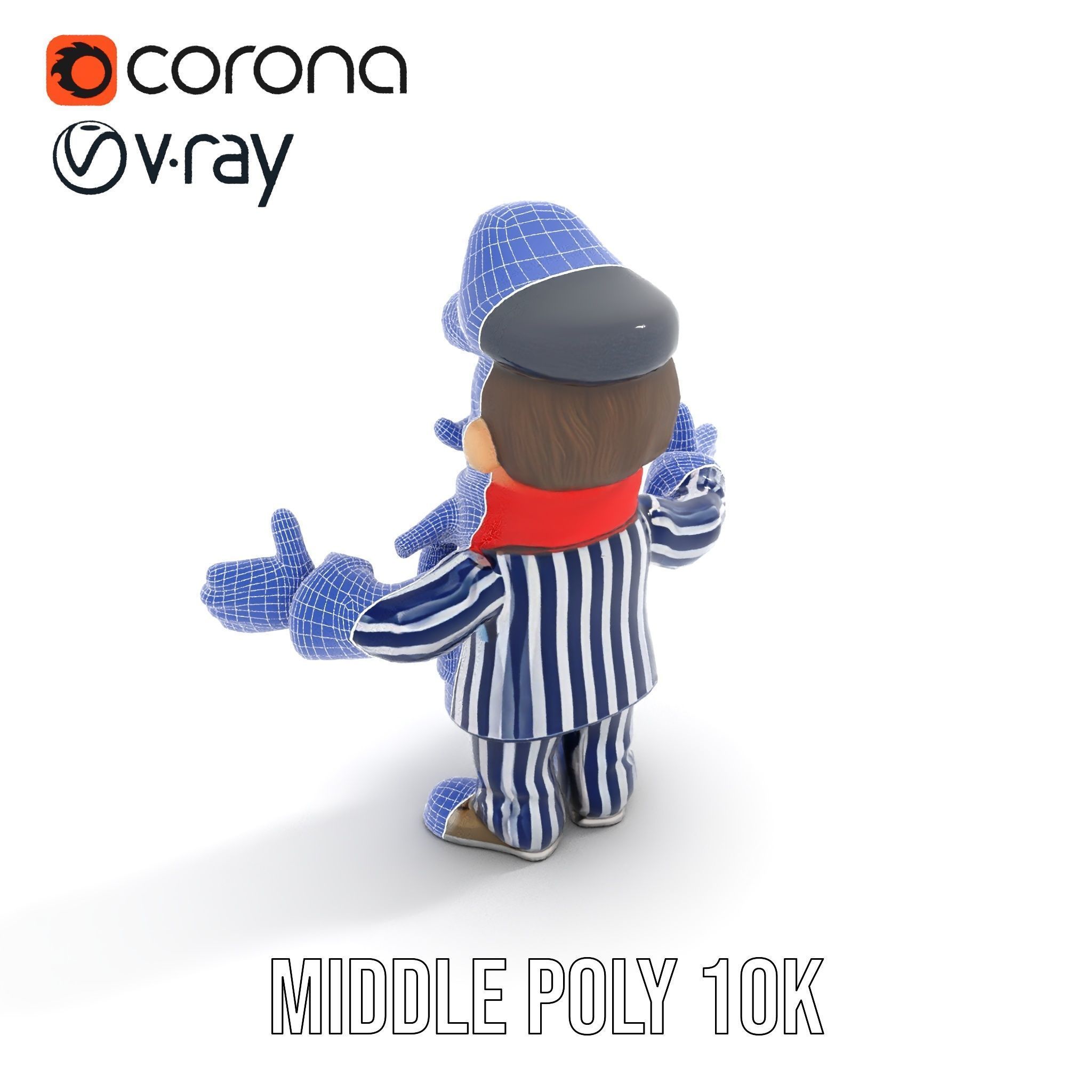 Striped Suit Character with Red Scarf Rigged and Animated Low-poly 3D model_24