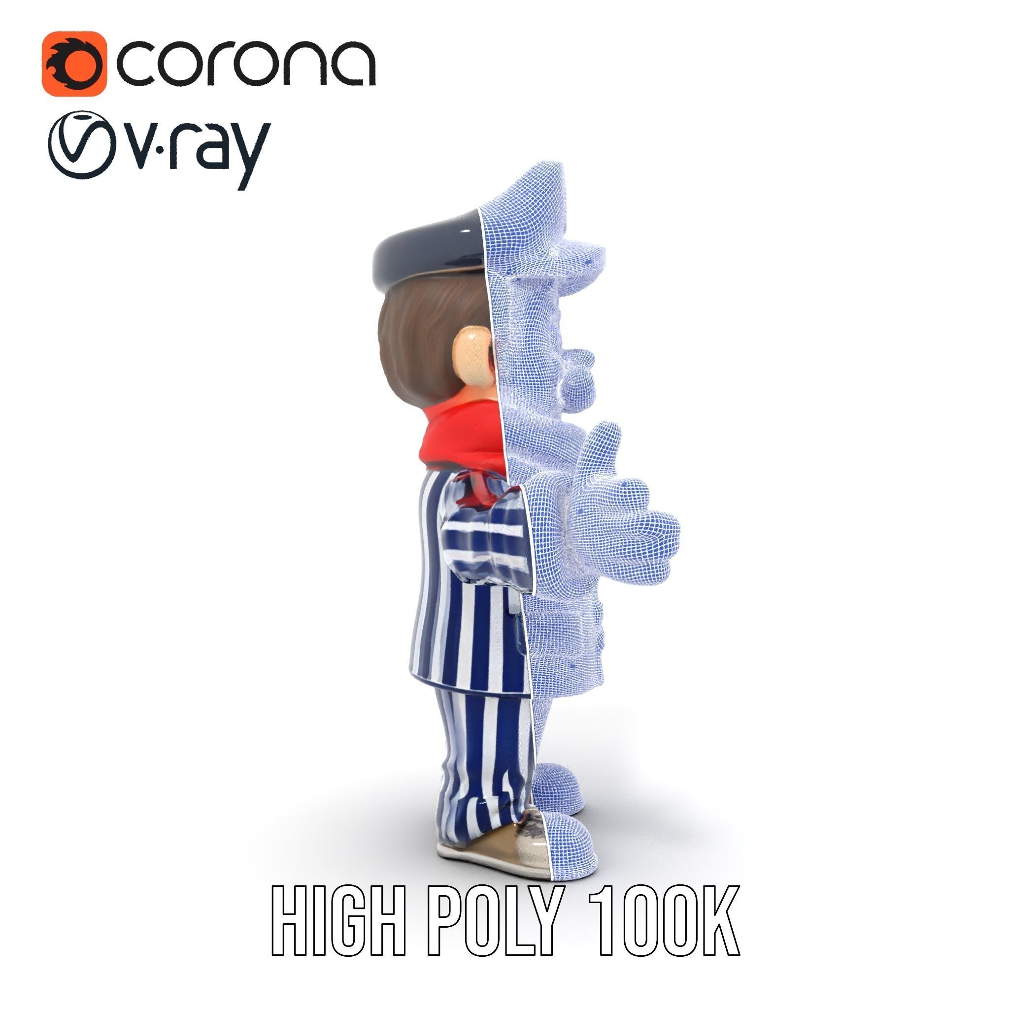 Striped Suit Character with Red Scarf Rigged and Animated Low-poly 3D model_36